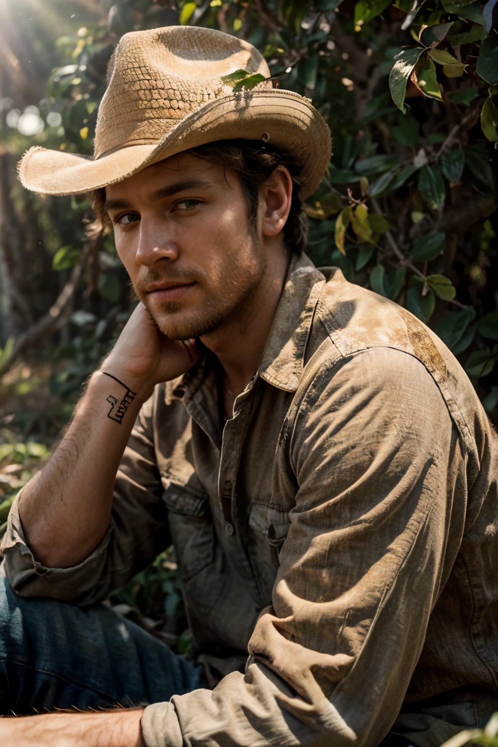create a portrait of a rugged, cute, handsome, attractive male country singer, this is his album cover artwork photography, he's looking approachable, charming, in (warm amber sunlight:1.3) against the midwest of USA, he's extremely popular and this photograph shows it, this new country singer is trending and makes everyone happy, ladies swoon over this picture, the picture is taken with the highest quality Leica digital camera and is welcoming and lit with amber warmth