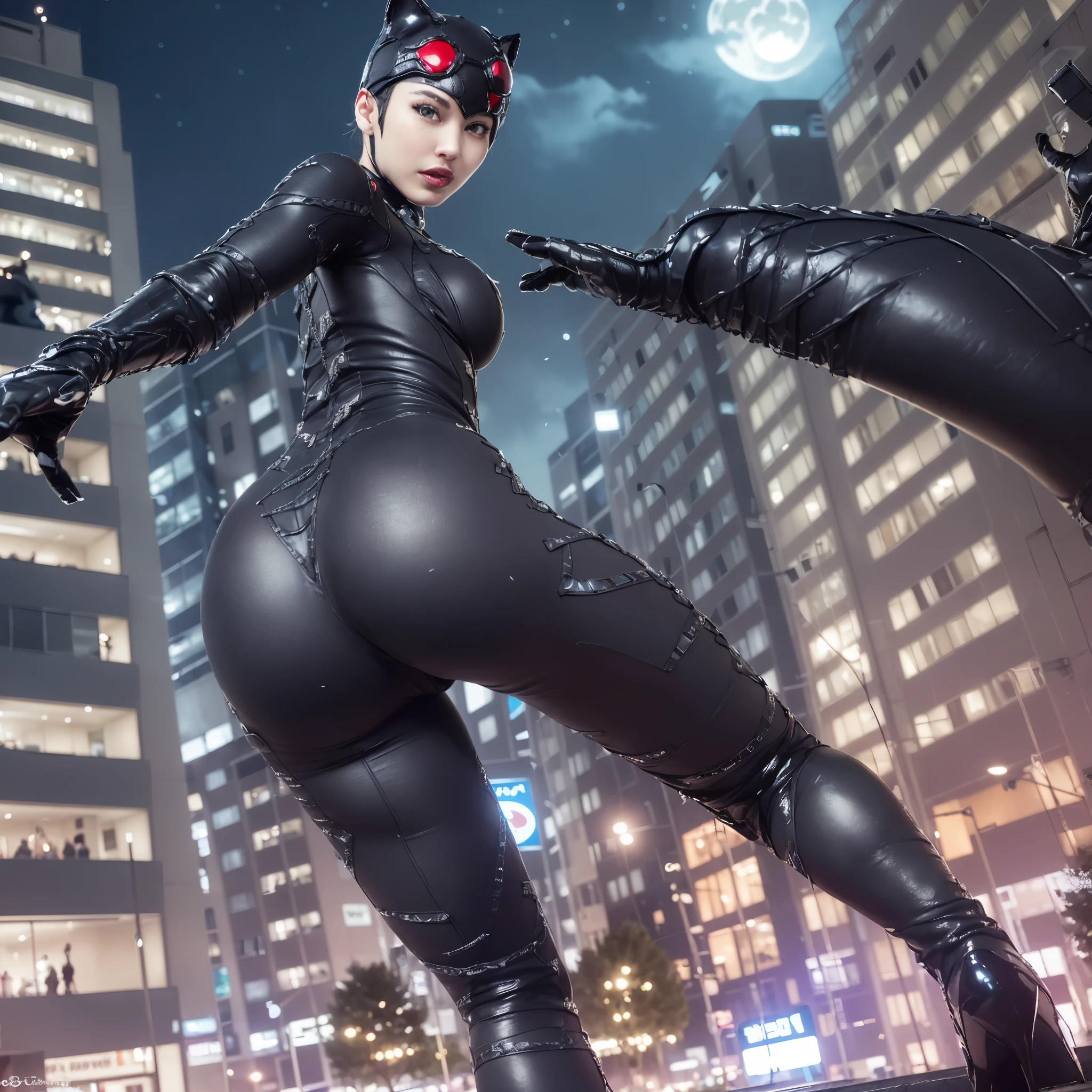 (​masterpiece、4K resolution、A hyper-realistic、ighly detailed)、(Black Superheroes theme、Charisma、There is a girl in a Catwoman costume above the town、She's a superhero)、 [((25-years old)、(Long grey hair:1.2)、full body Esbian、(blue eyess:1.2)、((Catwoman Pose)、show of strength、Jump from one building to another)、((Sandy urban environment):0.8)|(A city scape、natta、Dinamic Light)、(fullmoon)]#illustrate:Prompts are mainly ultra high definition、very real、Describes highly detailed 4K paintings。A superheroine in a Catwoman costume is depicted at the top of the city。The photo theme is a black superhero theme。(((posterior view))), Wide-angle lens shooting, Neon lights, (((Shooting from below))),