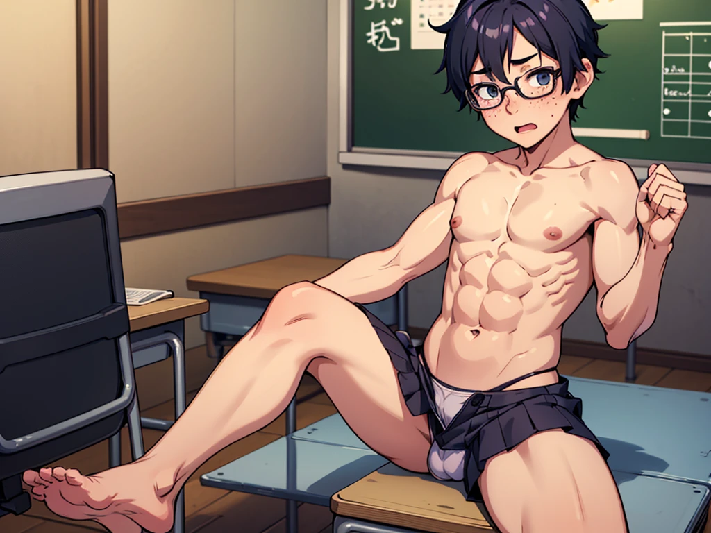 1boy, solo, otoko no ko, pervert, petite, blushing, glasses, desktop wallpaper, highly detailed, freckles, small hips, androgynous, School Classroom, six pack abs, muscle arms, big penis, big testicles