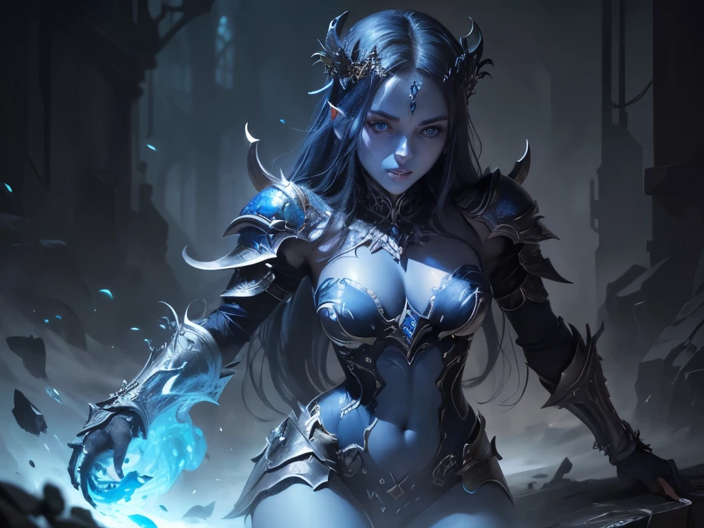 (best quality,4K,high resolution,Masterpiece:1.2),Ultra-detailed,realistic:1.37,Medium:Oil painting,Blue skin(Evil girl),Beautifully detailed eyes,Beautifully detailed, full body, evil, armor