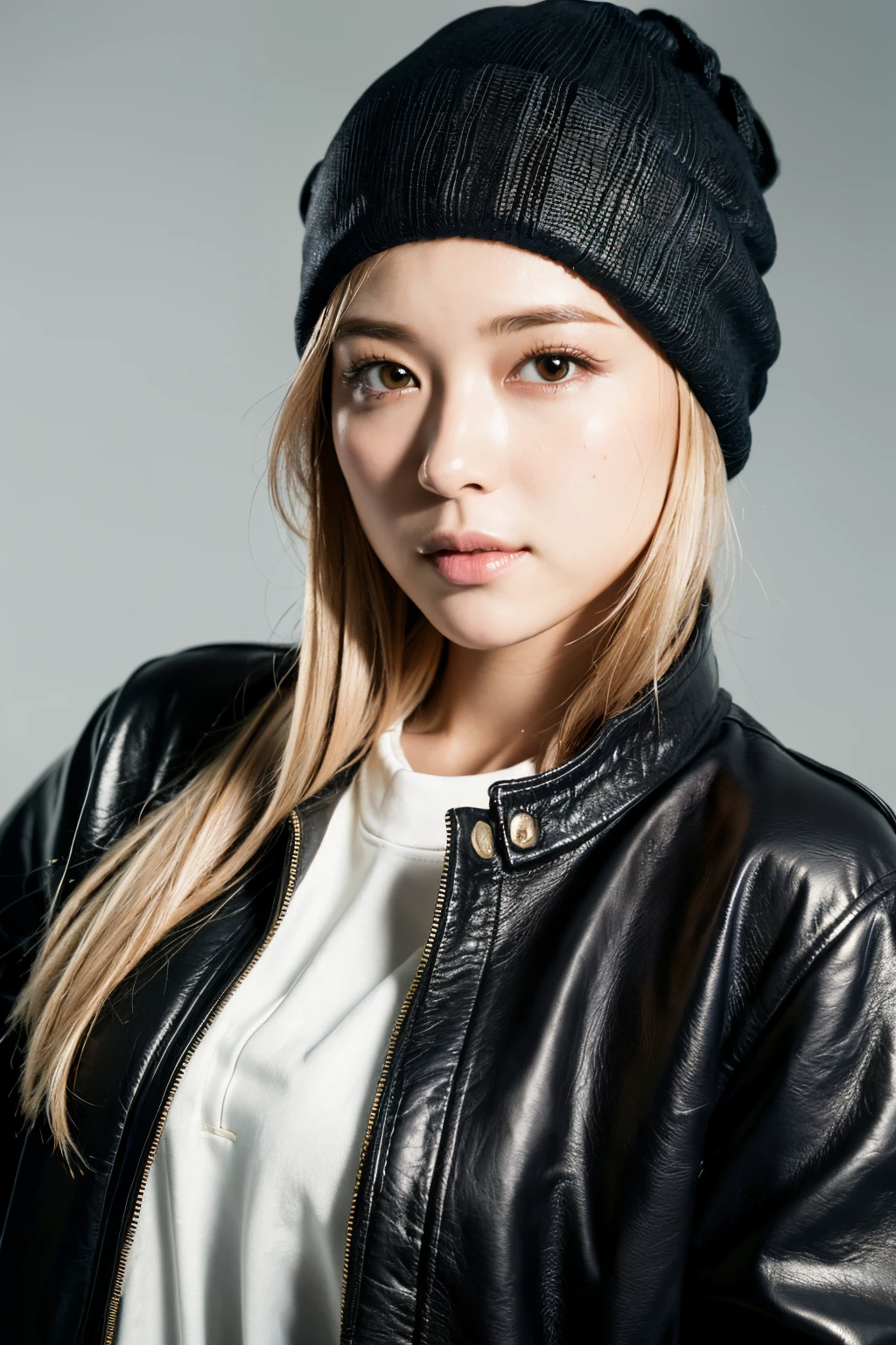 (
(8k:1.27), best quality, masterpiece, ultra highres:1.2) Photo of Pretty Japanese woman
(beautiful:1.1) (sci-fi warrior woman:1.1) space soldier, (beanie:1.61) (leather jacket:1.21) intricate elegant, fantasy, detailed, ometric by greg rutkowski and alphonse mucha, gradient lighting