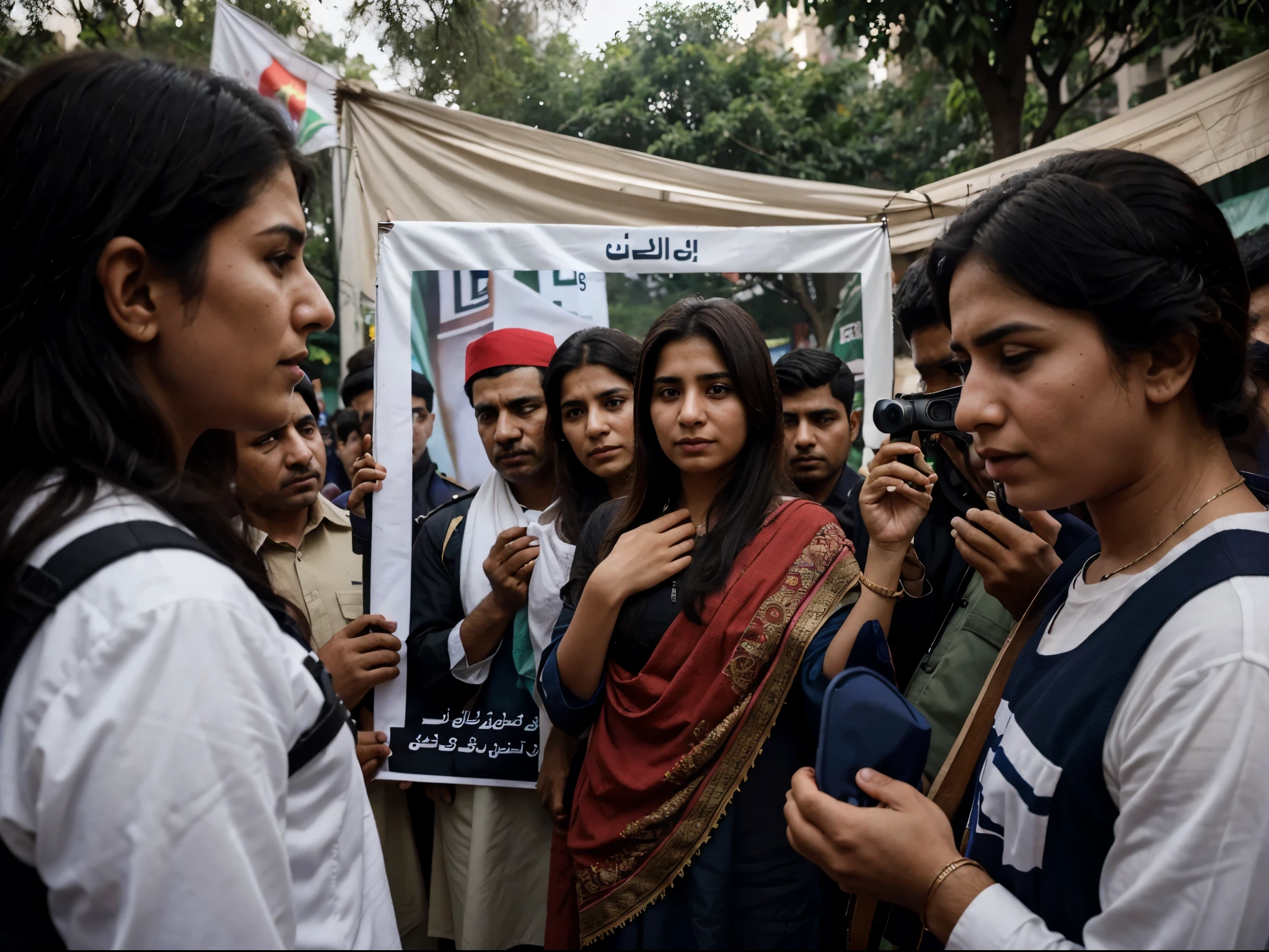a portrait of a Baloch women having a frame of his son's photo setting in a crowd Infront of a press club in Islamabad Pakistan with the people of her nation there is a massive amount of police having shields at morning time