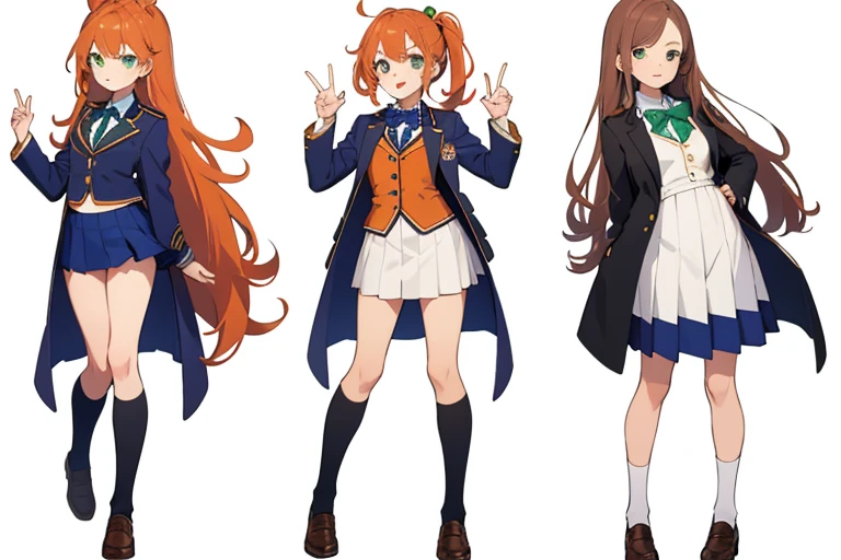 (((Best Quality))) , ((full body)), female, multiple views, white background, variety of hairstyles, seductive pose, cropped blazer, mini skirt, blue, orange, green, violet, brown, white, Mess jacket uniform, cropped jacket, school uniform, magical school student uniform,