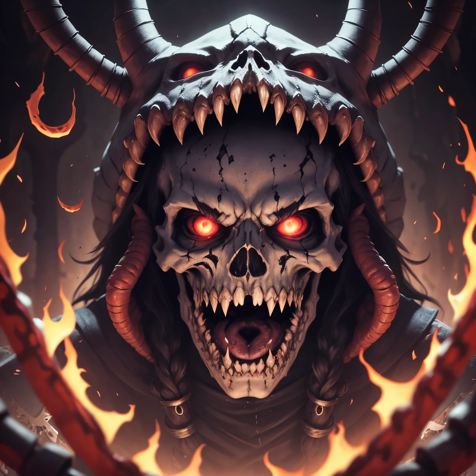 illustration, cartoon, dark colors, soothing tones, epic realistic, diablo 4 wallpaper, (dark background:1.5)