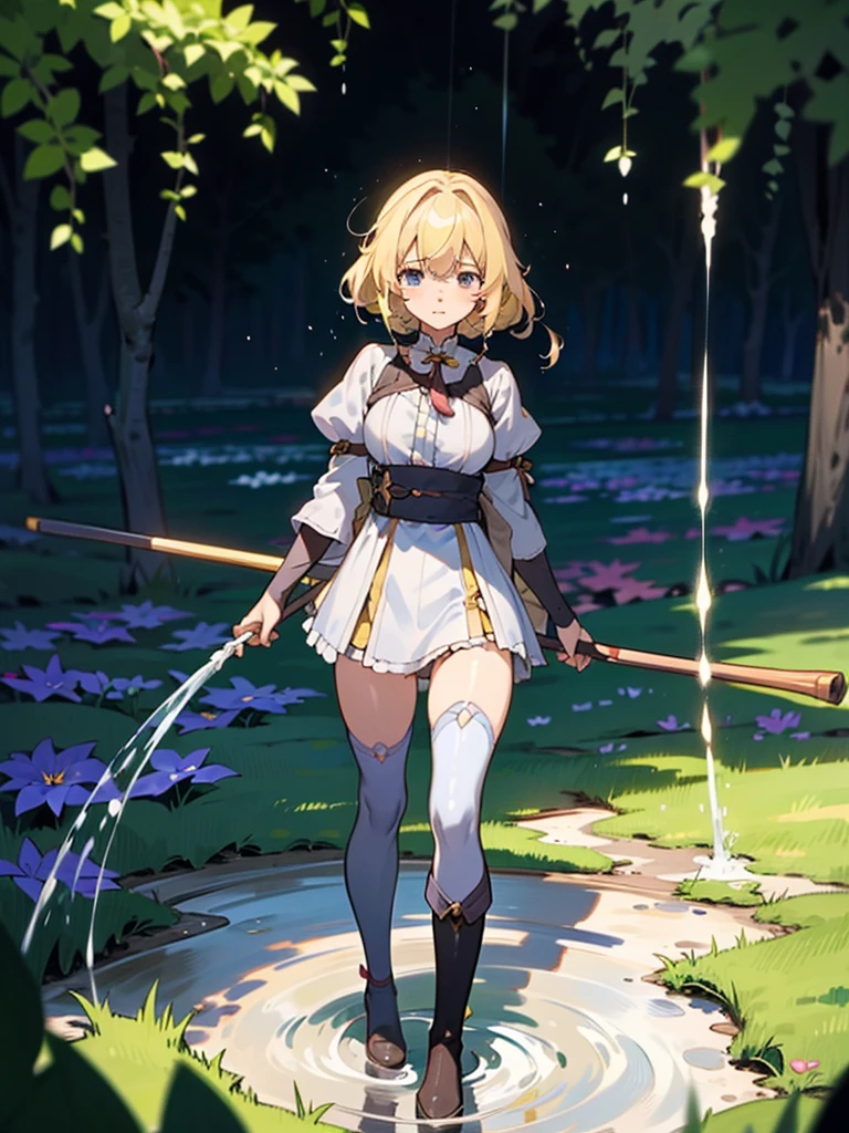 anime styled, The ultra -The high-definition, alice in the wonderland, super cute bronze hair girl, ((a blond:1.4)), ((Long:1.4)), shame, He's looking at me with a shy expression on his face., Light blue fluttering short dress, frilldの付いた白いエプロンスカートを重ねる, frilld, A large white ribbon is tied in the back around the waist of the dress. , B-cup breasts, Light blue fluttering mini skirt, 両足ともハイソックスは爪先から太ももの半ばあたりまである長い白色のknee high, ((knee high:1.4)), and draw the full body, In the forest where bright sunlight shines through, Clothes disheveled and chest exposed, teatsが見えている, ((teats:1.4)), Her skirt is in disarray and her crotch is visible., 股のFemale genitalsが見えている, ((Female genitals:1.4)), Pee, お漏らししてPeeが股から吹き出している, Lying on the ground, lying on one's side, open one's legs, standing with legs bent at the knees, Excreted urine forms a parabola and wets the ground., ((pissing:1.5)), I'm holding out my hand as if to invite you here, The girl is looking at this, Please draw from a low angle on the front side.
