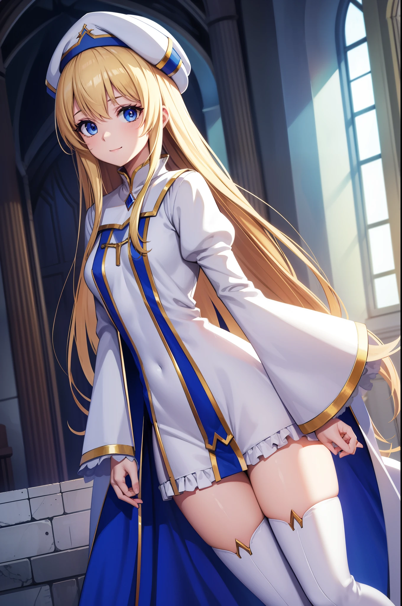 priestess, priestess, blonde hair, blue eyes, long hair, hair between eyes, (small breast:1.0), smile, BREAK boots, dress, frilled sleeves, frills, hat, white headwear, pelvic curtain, high heels, robe, thigh boots, thighhighs, white thighhighs, long sleeves, puffy sleeves, BREAK looking at viewer, BREAK indoors, church, BREAK (masterpiece:1.0), best quality, high resolution, unity 8k wallpaper, (illustration:0.8), (beautiful detailed eyes:1.0), extremely detailed face, perfect lighting, extremely detailed CG, (perfect hands, perfect anatomy),