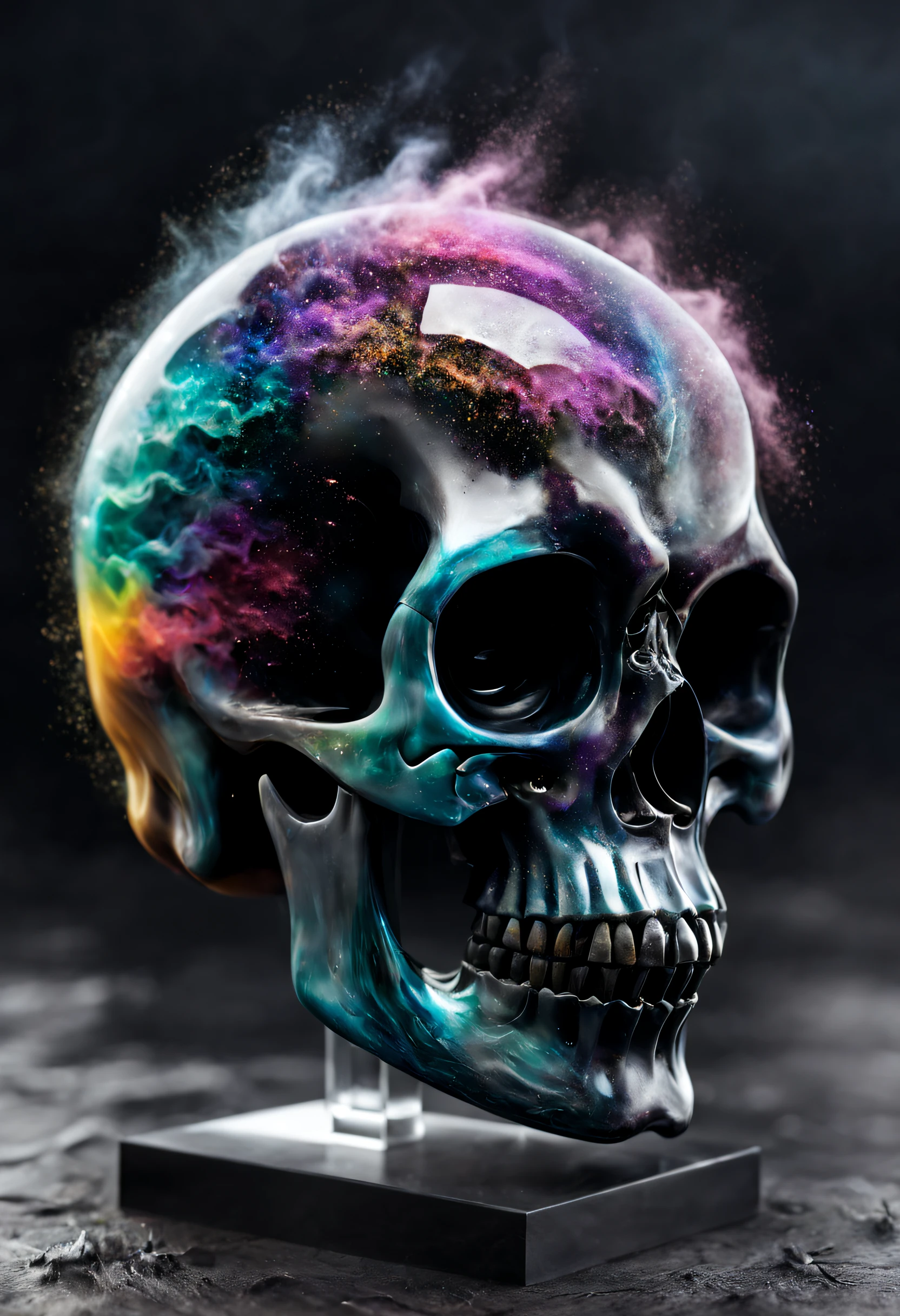 A beautiful realistic magestic darkness glass skull with a coat made of a magnificent colored and fired storm, It's textured and beautiful with lot of multicolored flying dust