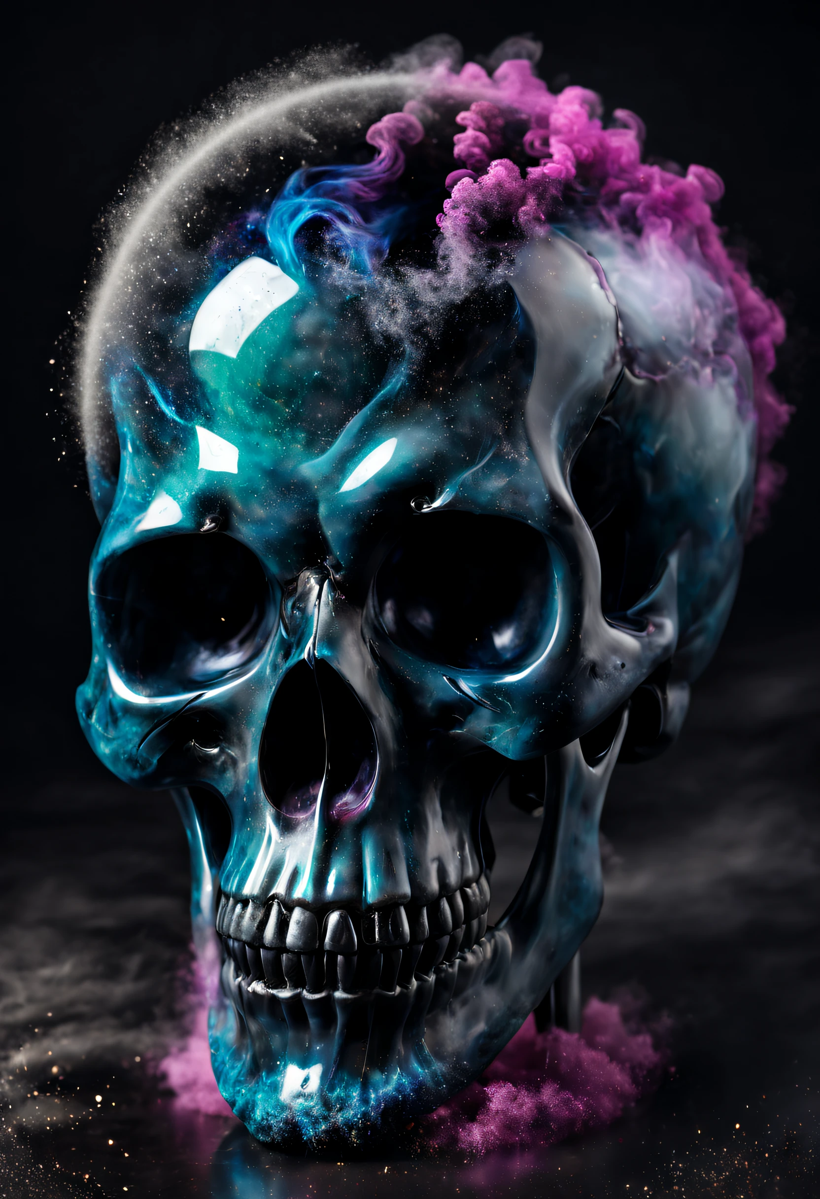 A beautiful realistic magestic darkness glass skull with a coat made of a magnificent colored and fired storm, It's textured and beautiful with lot of multicolored flying dust