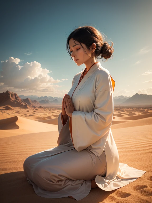 A Buddhist girl praying in the desert, mountain, Clouds, Sand dunes, Serene and peaceful atmosphere, Soft golden sunlight, Sand particles glimmering in the sunlight, Monk's robe flowing in the wind, Mountains in the distance, Blue sky with fluffy white clouds, Tranquility, Spiritual connection, Solitude, Meditative state, Warm colors, Serenity, Stillness, Distant horizon, Wind gently blowing through the desert, Sense of isolation, Harmony between nature and spirituality, Deep focus on monk's face and eyes. (best quality, 4k, highres:1.2), Ultra-detailed, Realistic:1.37, HDR, Studio lighting, Extreme detail description, Professional, Vivid colors, Soft lighting effects.