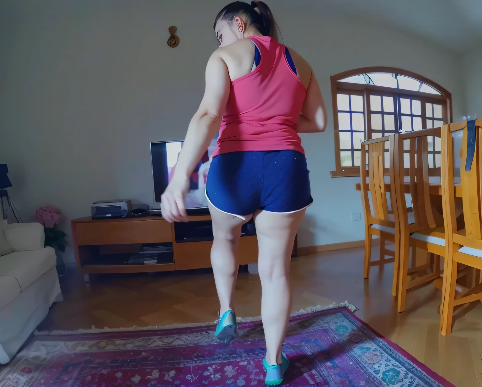 there is a woman standing on a rug in a living room, lunging at camera :4, Costas - Pneu, medium shot taken from behind, tiro nas costas, tiro traseiro, Tauromaquia, side view of her taking steps, long shot from the back, tiro na perna e no quadril, tiro longo das costas, waist reaching ponytail, from the back, legs and arms