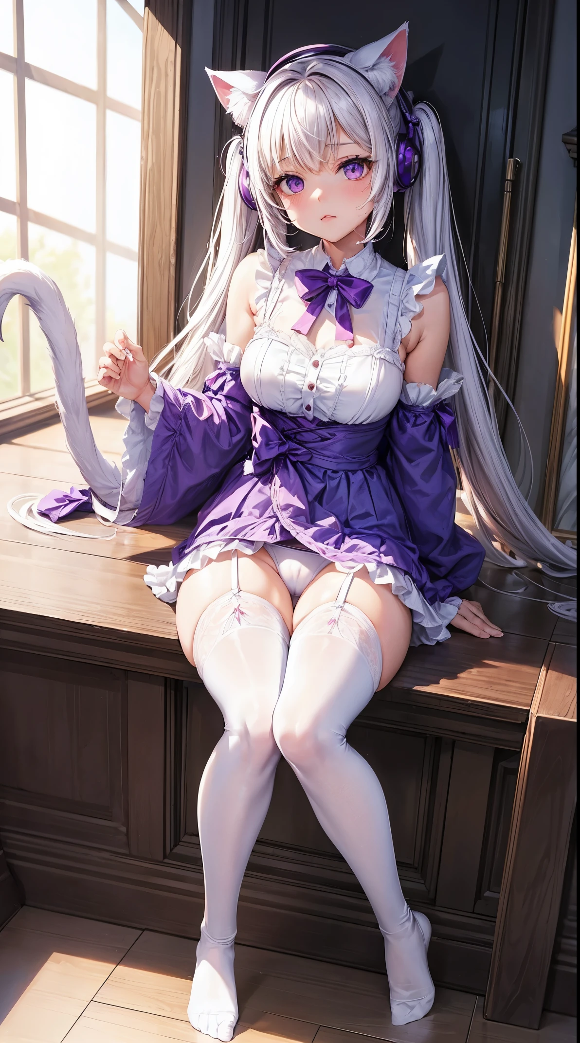 (tmasterpiece, quality, Best quality at best, offcial art, Beautiful and beautiful:1.2)white color hair，pigtails，showing belly，plumw，The waist is very thin，Thigh fleshy，large tities，The details were perfect，Pink tights，（onesie），White suspender stockings，Purple eye，（Sit down position）（Leg lift position）（There is a tail behind him）（Cat ear headphonelush 1.5）（mouth drool）（eyes half closed）（Many ribbons all over the body）（Crotch Spread Wide）（See the soles of your feet）（痴女）