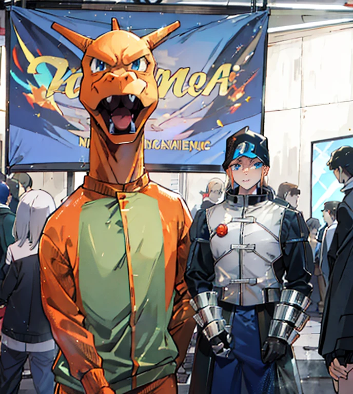 ahi un charizard y un hombre vestido de sable, cosplayer, con armadura volcan en el fondo, with magical creatures, Armadura inspirada en sable negro, anime
