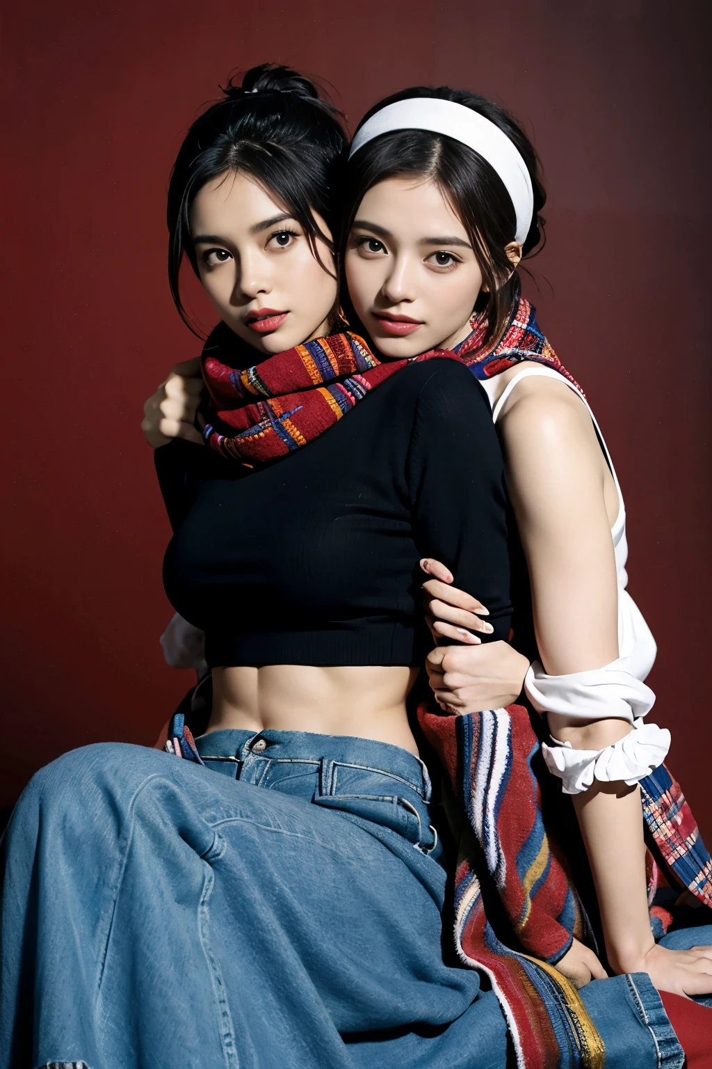 two female oen soldiers with colorful trousers, vests, scarves, and headgear, sitting,big eyes,dynamic pose,magical wonderland,fantastical background,along with traditional Ottoman armor and weapons. there have just two soldiers and they are looking streight,touch each other, Tease a friend's belly, Tease a friend's buttocks, Blushing friend, Biting a friend's earlobe, Hug each other from behind, Touch your friend's breast from below,