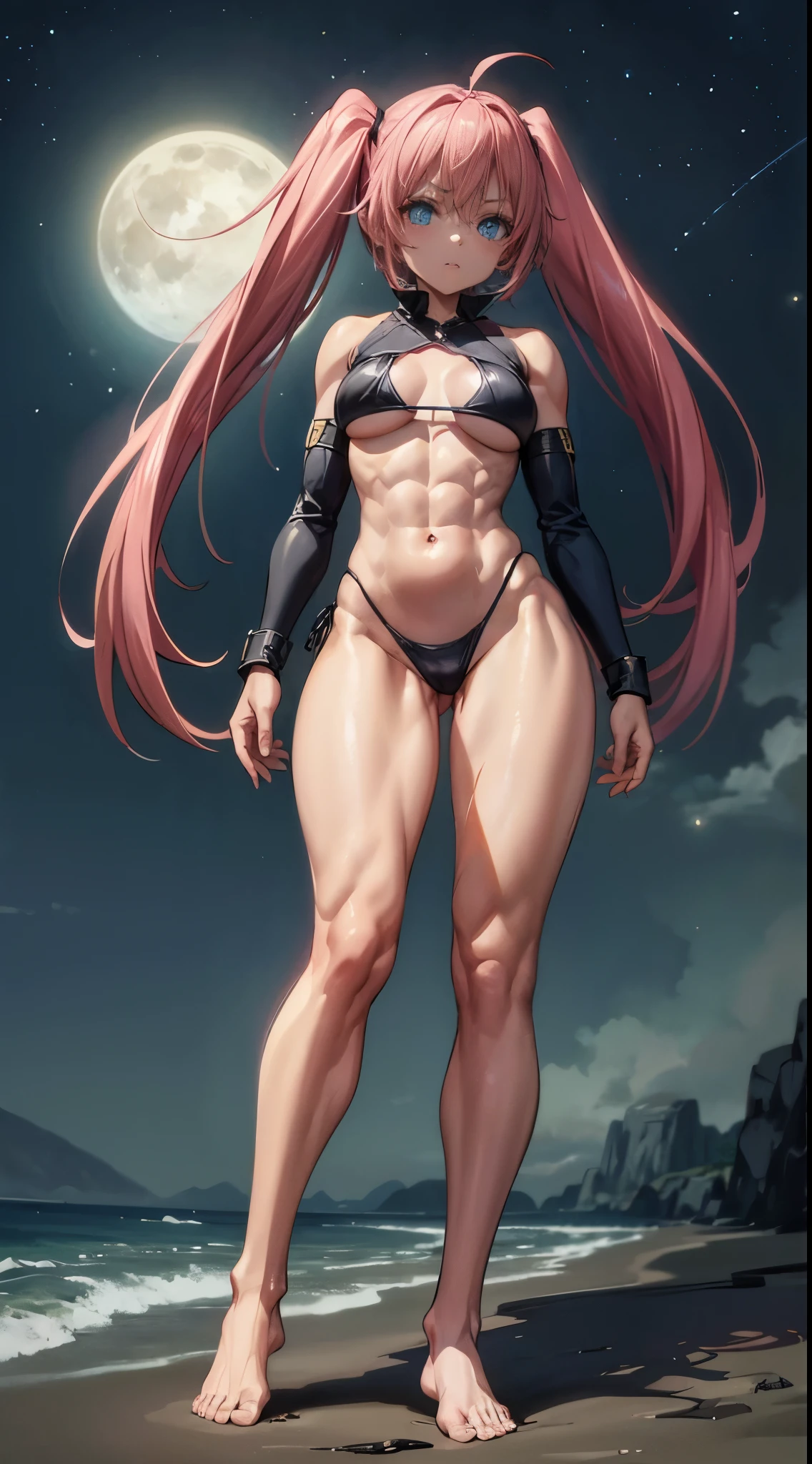 1 girl, (medium breasts))), (((wearing short bikini))), (long pink hair), (((blue eyes))), thin arms, (on the beach at night with starry sky and a full moon of blood), (slim waist), (((muscular legs))), muscular belly, bare feet, (((showing me your big ass))), (full body photo), (twintails), long eyes, eye flare, bad mood, anime, anime style, ray tracing, reflection, drop shadow, panorama, Sony FE, 8k, UDisk, masterpiece, accurate, anatomically correct, Super detail, best quality, ultra-high resolution, Hard Udisk, 16k