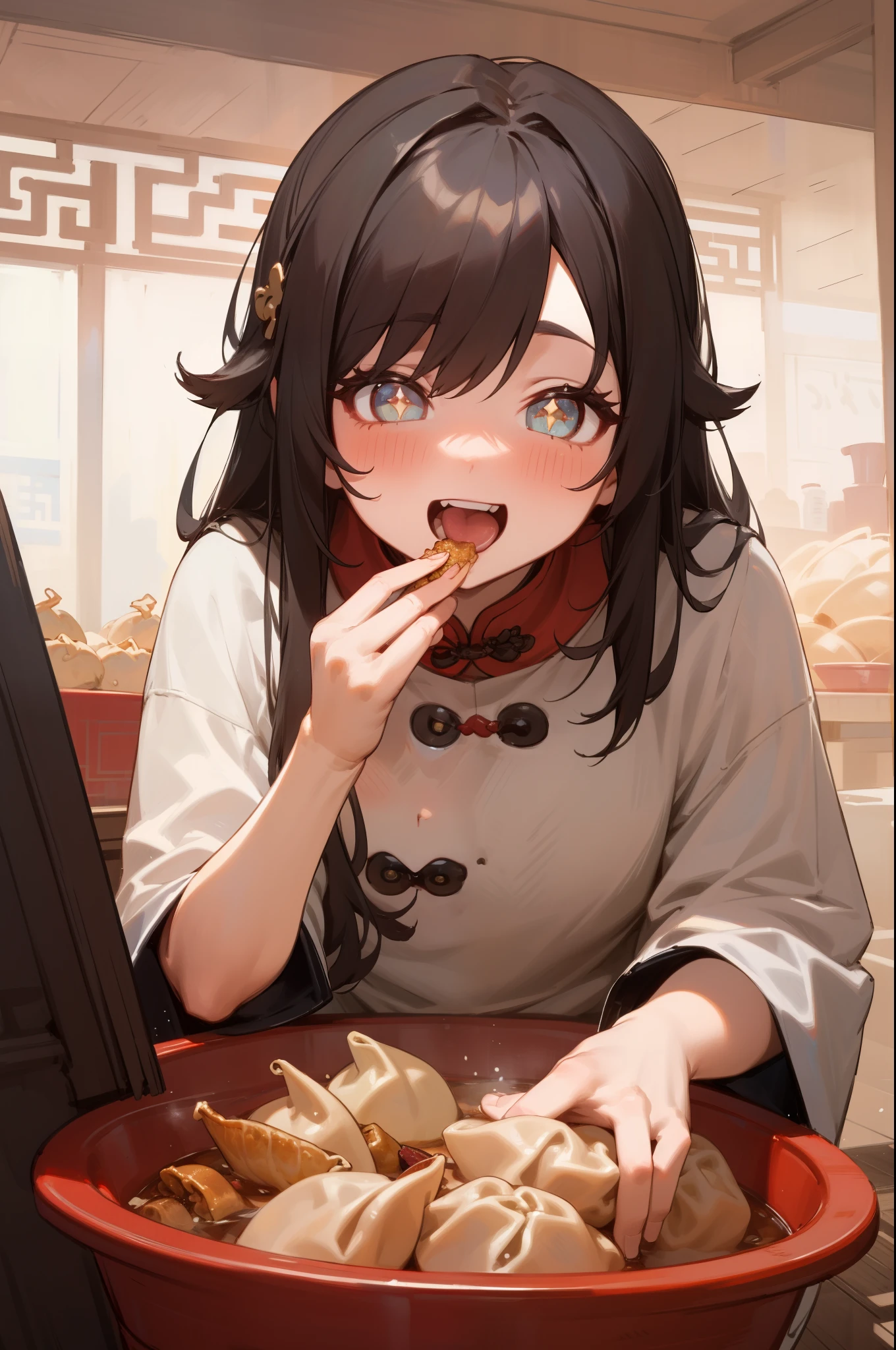 (indoor, Chinese food shop), 1girl, sparkling pupils, eating Dumplings, (blush, laugh), masterpiece, best quality, 8k, perfect anatomy