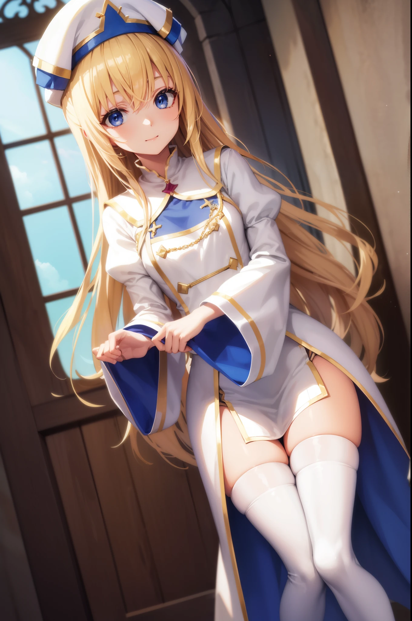 priestess, priestess, blonde hair, blue eyes, long hair, hair between eyes, (small breast:1.0), smile, BREAK boots, dress, frilled sleeves, frills, hat, white headwear, pelvic curtain, high heels, robe, thigh boots, thighhighs, white thighhighs, long sleeves, puffy sleeves, BREAK looking at viewer, BREAK indoors, church, BREAK (masterpiece:1.0), best quality, high resolution, unity 8k wallpaper, (illustration:0.8), (beautiful detailed eyes:1.0), extremely detailed face, perfect lighting, extremely detailed CG, (perfect hands, perfect anatomy),