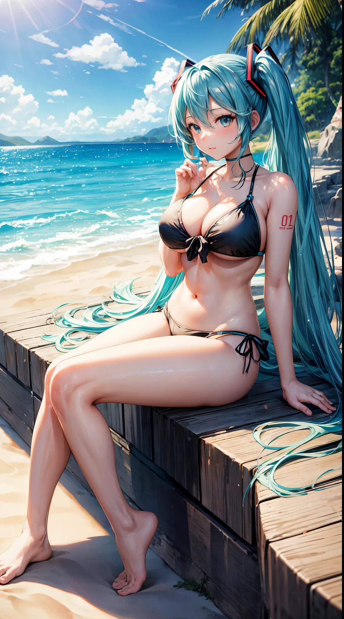 Background with:beachside,On the beach。人物:Big breasts Hatsune Miku,Long hair,Sit Pose,swim wears,Proud of your figure