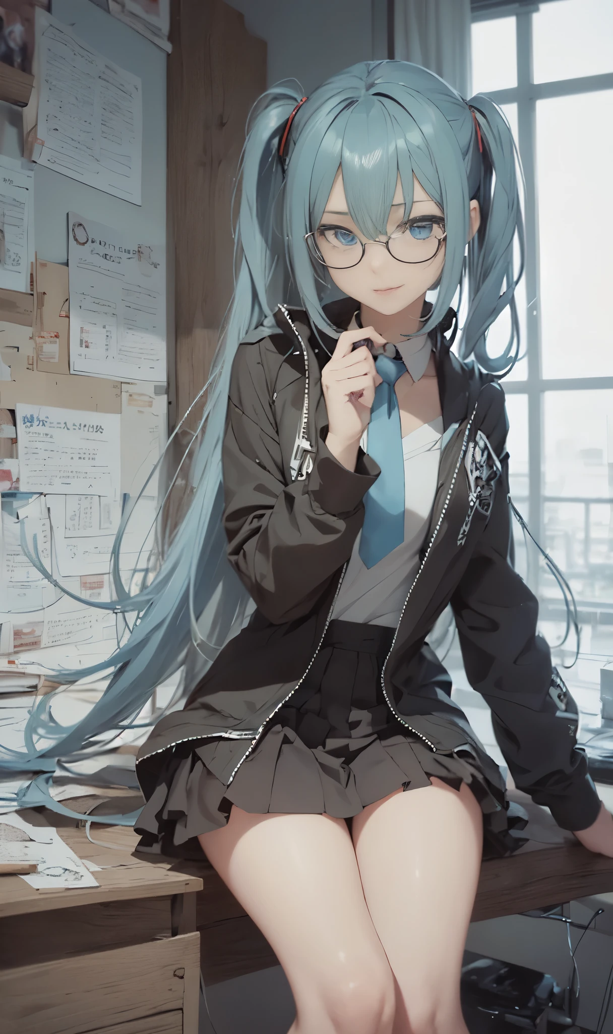 dishevled hair、blunt bang cut、Bleated skirt、grayscales、Onepiece、dishevled hair、slovenly、Cross-eyed、Drunk、Turned、( Silly / Sexual ecstasy)、Turned、eye glass、top-quality, Photorealistic, An ultra-fine illustrations, beautiful attractive anime girl, miku hatsune, Slender body, Tied hair, one girls, a photo of girl, Full body shot, Beautiful blue eyes, Turned,