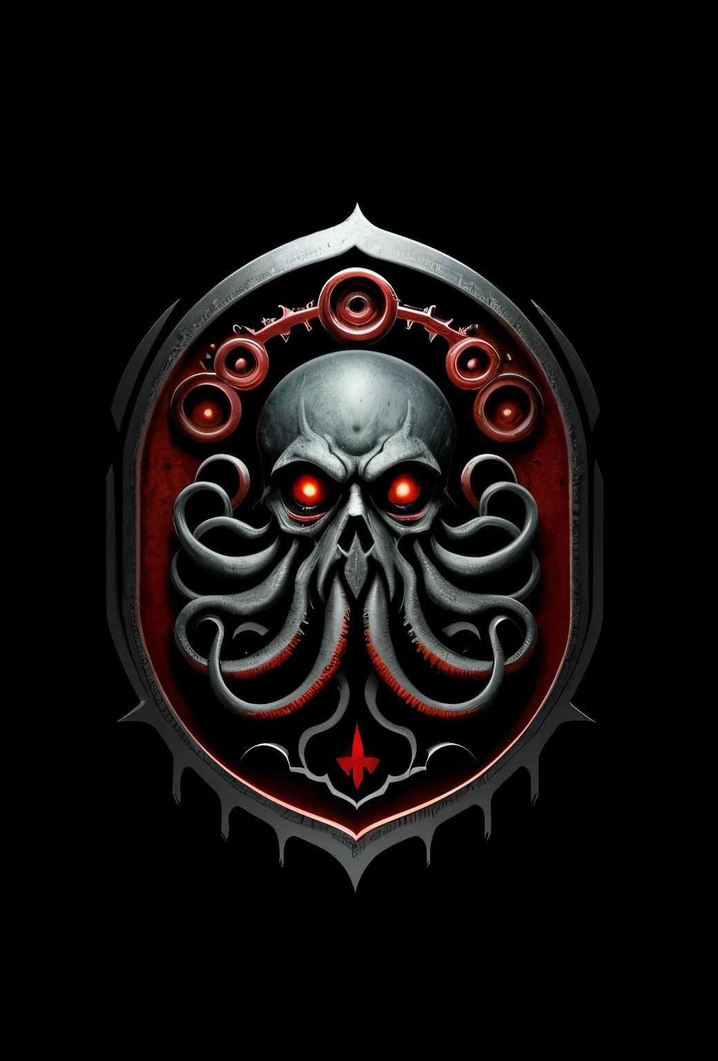 Lovecraftian horror logo design,t shirt design,beefy style,design only,white background,no model,professional,high contrast,high-res,ultra-detailed,vivid colors,metallic accents,sharp focus,edgy,dynamic composition,gritty texture,rough brush strokes,mechanical elements,chrome effect,classic typography,retro style,distressed look,aggressive lines and curves,3D rendering,striking visual impact,dark shadows,strong branding presence,monochromatic palette,industrial aesthetic