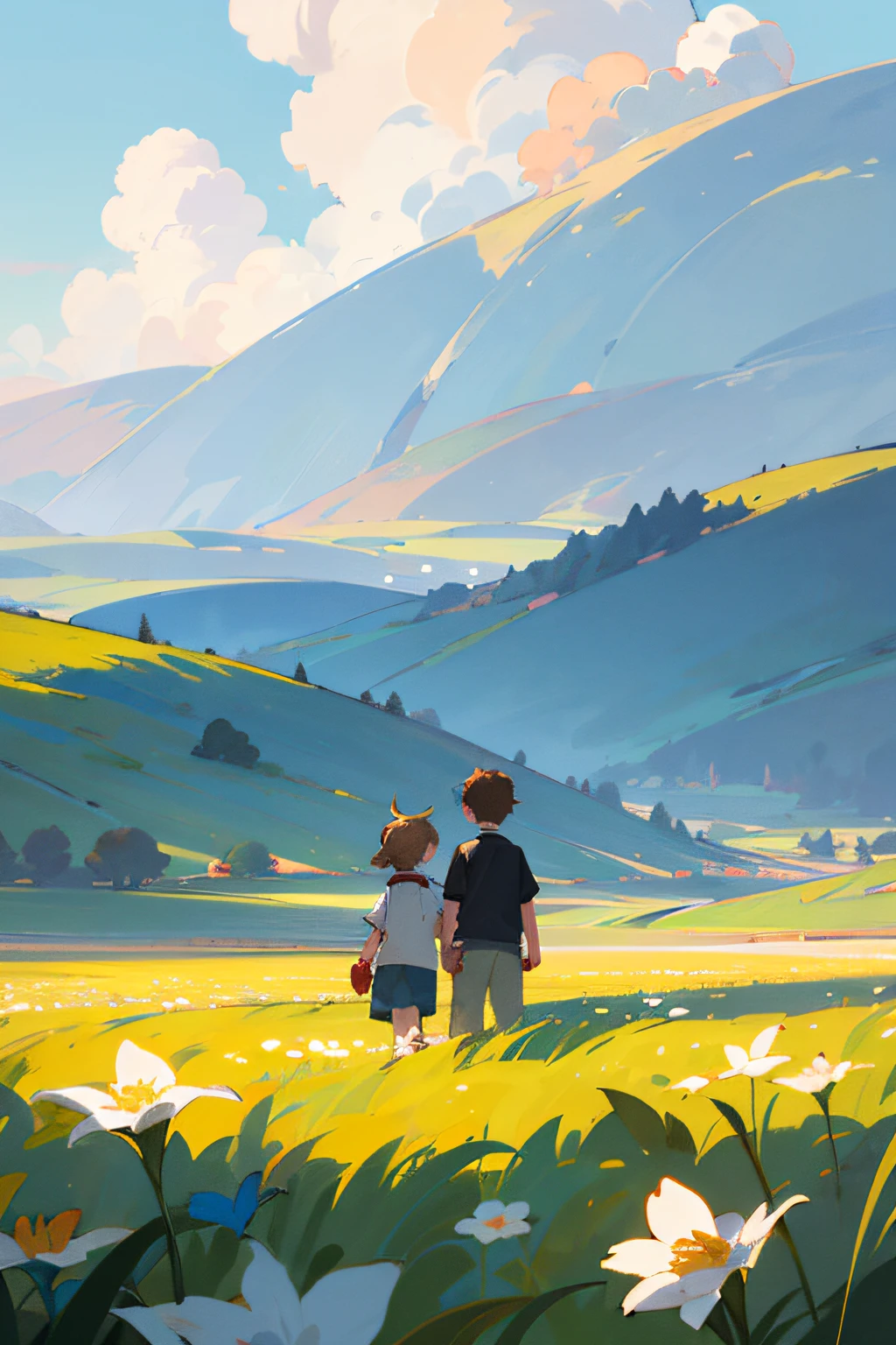 The boy and girl, 5-6 , are playing in the middle of a vast field, surrounded by a harmonious and positive spring landscape. The scene creates a sense of relaxation for the viewers. The image is in portrait orientation with a ratio of 2:3, featuring an animated style. (worst quality)