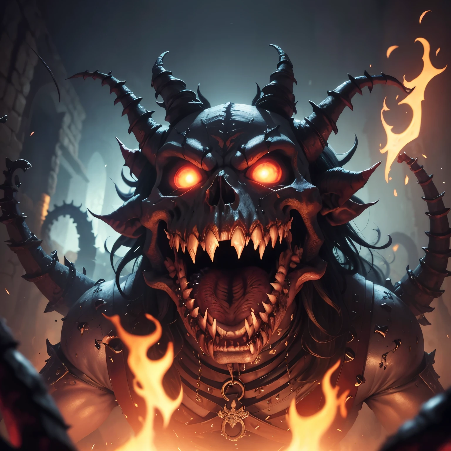 demonio, bestial skull, correntes ensanguentadas, preso, ossos Behemoth, manic eye aberration, membros suturados, tentacles, ossos, dentes, presas afiadas, acorrentado, expression of insanity, loucura, dungeon dungeon environment, 8k, qualidade ultra HD.