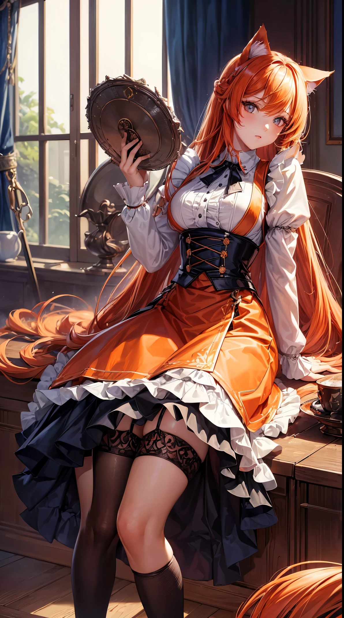 (tmasterpiece, quality, Best quality at best, offcial art, Beautiful and beautiful:1.2)orange long hair，dual horsetail，Refined face，Cat ears，the maid outfit，Superskirt，large tities，，suspender stockings，action，expressionesackground of chains，