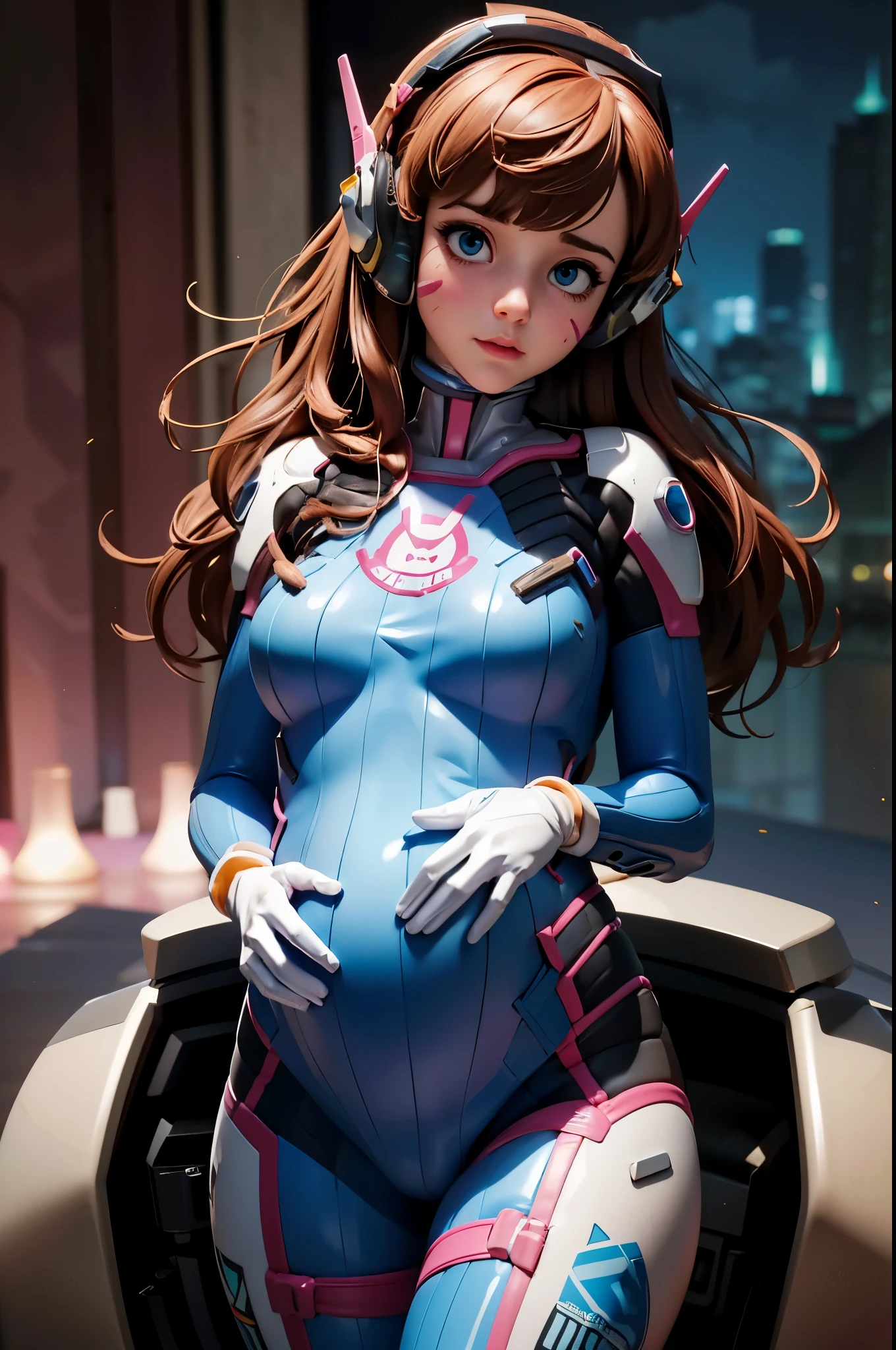 (best quality,highres,masterpiece:1.2),ultra-detailed,realistic,portrait,pink-eyed girl with brown hair,detailed face and facial expression,solo,mech pilot D.VA,wearing blue tights and white gloves,listening to music with headphones,face decoration, pregnant.