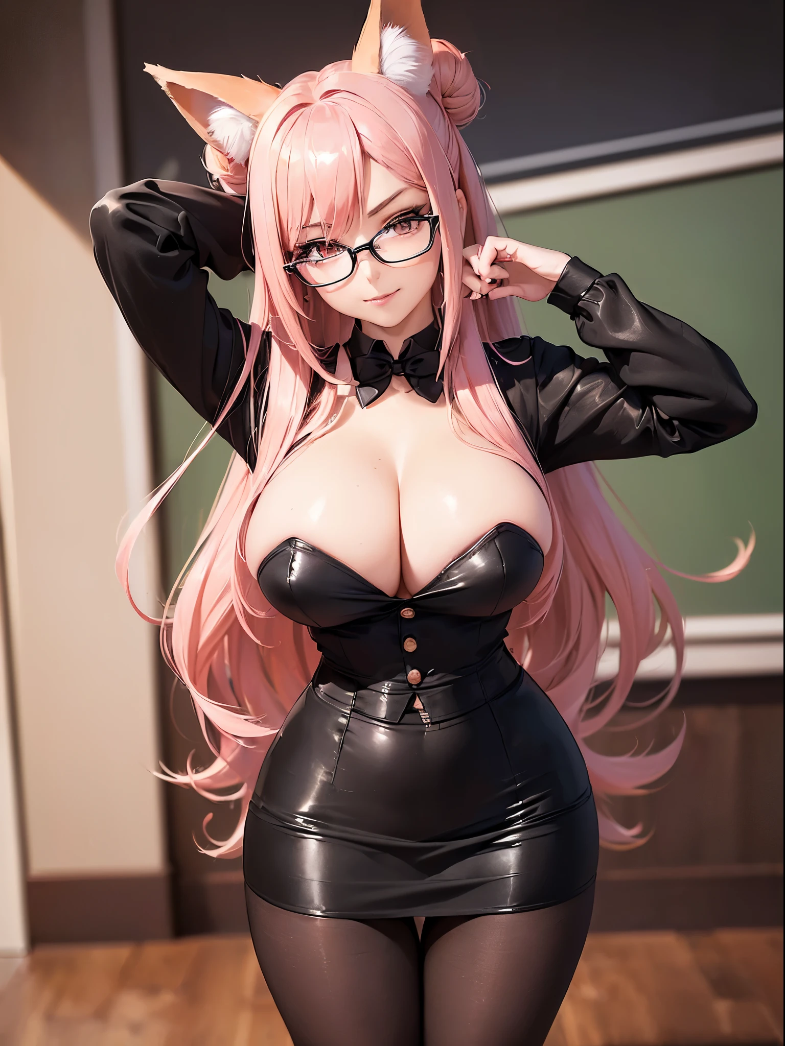 (masterpiece:1.5), (photorealist), (bestquality), (highlydetailed), (ultra-detailed), (1girl:1.2), ((solo girl)), ((full body is shown)), ((sexy and slim hourglass figure)), ((ginormous breasts)), (coral hair), ((pink fox ears)), ((pink hair highlights)), ((long spacebun hair)), (wavy hair), (shiny hair), ((she is wearing a tight and sexy formal attire)), ((she is wearing fitted pencil skirt)), ((school background)), ((she is wearing glasses)), ((she has black tights under her skirt)), ((she is holding a ruler on one hand)), ((the perspective is from below)), ((she has a smug look on her face))