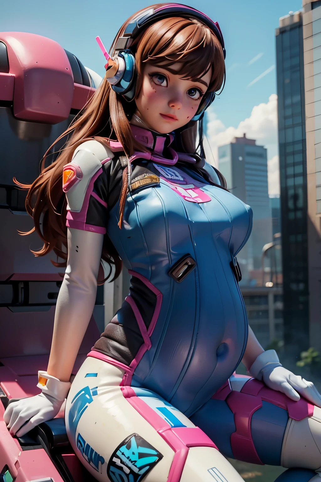 (best quality,highres,masterpiece:1.2),ultra-detailed,realistic,portrait,pink-eyed girl with brown hair,detailed face and facial expression,solo,mech pilot D.VA,wearing blue tights and white gloves,listening to music with headphones,face decoration, pregnant.