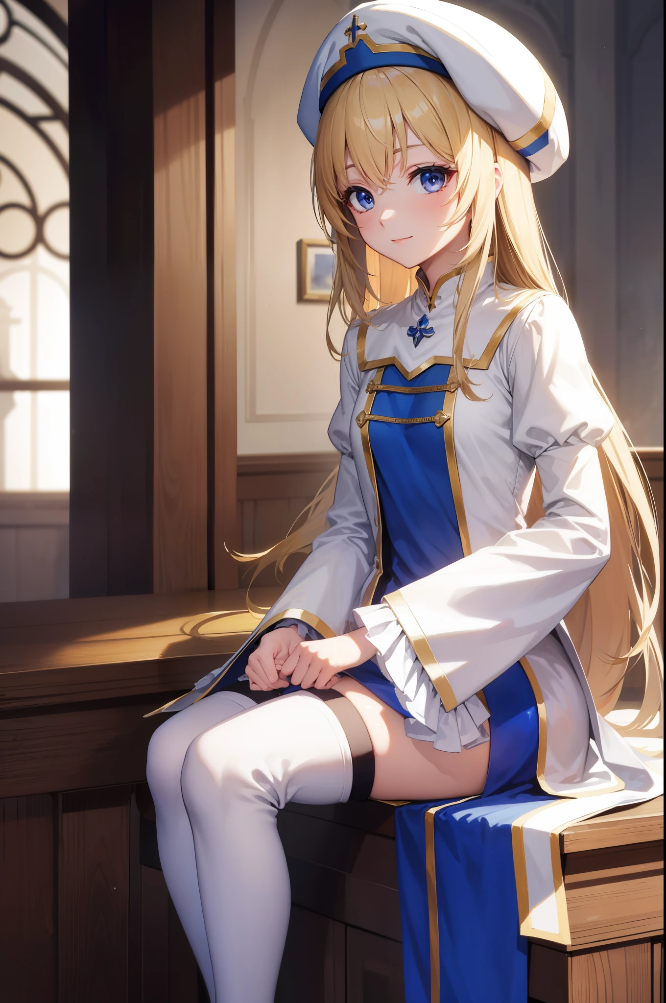 priestess, priestess, blonde hair, blue eyes, long hair, hair between eyes, (small breast:1.0), smile, BREAK boots, dress, frilled sleeves, frills, hat, white headwear, pelvic curtain, high heels, robe, thigh boots, thighhighs, white thighhighs, long sleeves, puffy sleeves, BREAK looking at viewer, BREAK indoors, church, BREAK (masterpiece:1.0), best quality, high resolution, unity 8k wallpaper, (illustration:0.8), (beautiful detailed eyes:1.0), extremely detailed face, perfect lighting, extremely detailed CG, (perfect hands, perfect anatomy),