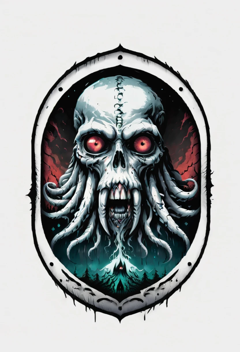 Lovecraftian horror logo design,t shirt design,beefy style,design only,white background,no model,professional,high contrast,high-res,ultra-detailed,vivid colors,metallic accents,sharp focus,edgy,dynamic composition,gritty texture,rough brush strokes,mechanical elements,chrome effect,classic typography,retro style,distressed look,aggressive lines and curves,3D rendering,striking visual impact,dark shadows,strong branding presence,monochromatic palette,industrial aesthetic