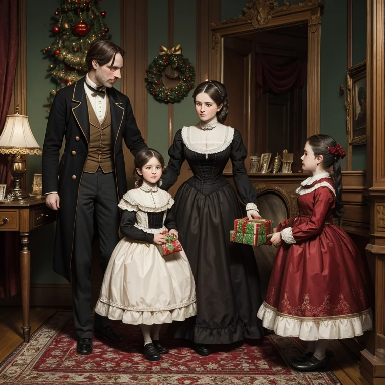 A Victorian family in a parlor arrives with gifts at Christmas time 19th century