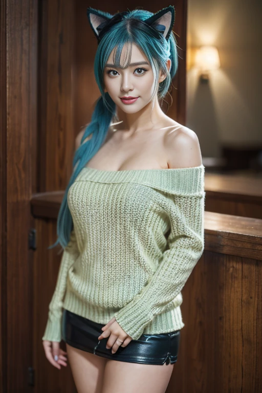 masterpiece, best quality, ultra-detailed, extremely detailed, 4K, 8K, best quality, beautiful, pretty woman, solo, beautiful light blue hair, beautiful green eyes, beautiful eyes, long hair, cat ears,
BREAK
in the middle, smile, open mouth, off-shoulder knit sweater, miniskirt, ponytail, black knee socks,
BREAK
background, bar, (dynamic angle), in Anime style