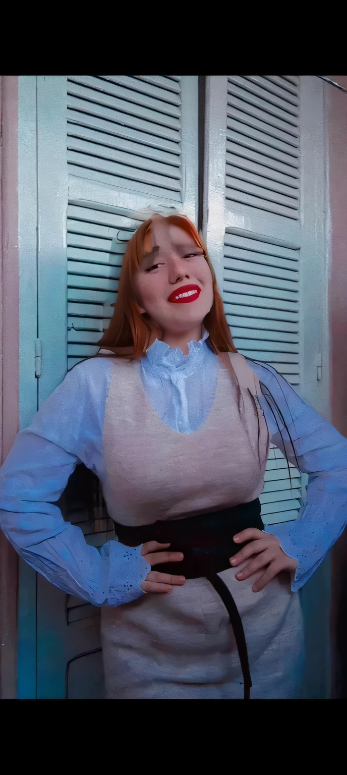 Norwegian girl with unique beauty, sensual and sexy, smiling charmingly, with long red hair, blue-eyed, wearing a vintage dress in a crowded church.