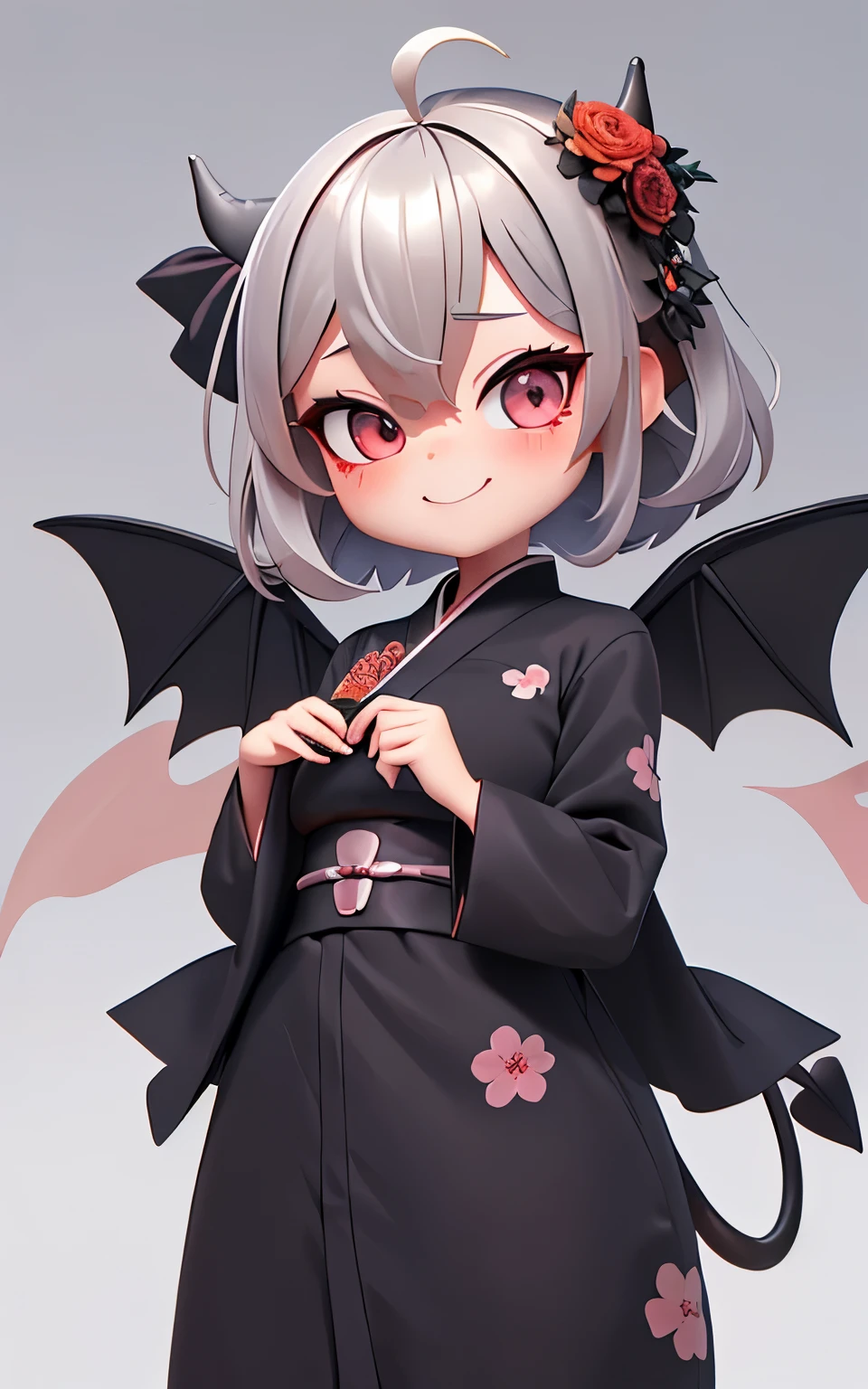 Pixar, 1girl in, Devilish appearance, (short silver hair:1.5), Eyes are red, Reaching out:1.5, blush, (Ahoge:1.2), eyes gentle, (A smile:1.2), Hair Bow, (Black devil wings and tail grow:1.3), Black sheep horns grow, (Black furisode:1.5), (Floral hair ornament:1.3), 独奏, Bangs, femele, Upper body