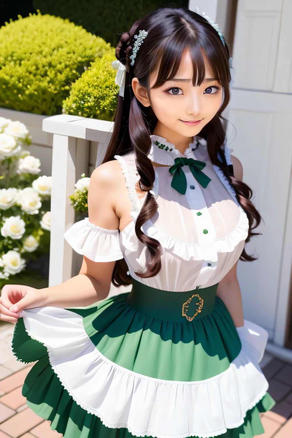green ta fashion, Wide collar with plenty of frills, The hem of a skirt with lots of frills, thick decorative belt at the waist、body turned sideways.,bangss, s lips、without makeup、short eyelashes、watching at viewers、A smile、Photorealsitic、high-level image quality、masutepiece, Best Quality, 8K, Beautie、Fine details