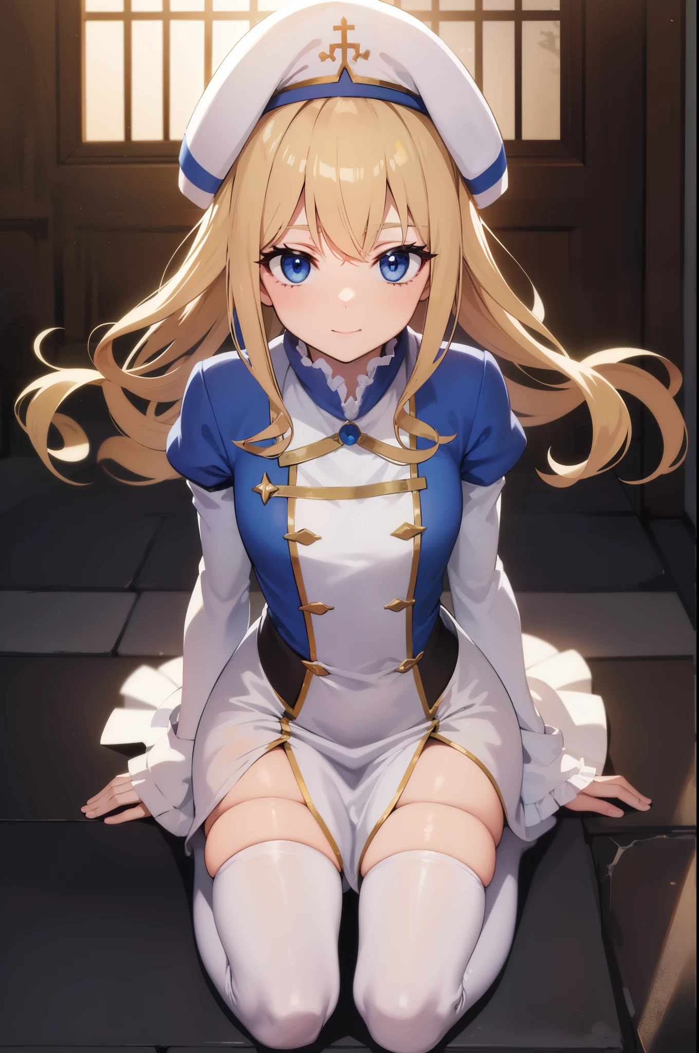 priestess, priestess, blonde hair, blue eyes, long hair, hair between eyes, (small breast:1.0), smile, BREAK boots, dress, frilled sleeves, frills, hat, white headwear, pelvic curtain, high heels, robe, thigh boots, thighhighs, white thighhighs, long sleeves, puffy sleeves, BREAK looking at viewer, BREAK indoors, church, BREAK (masterpiece:1.0), best quality, high resolution, unity 8k wallpaper, (illustration:0.8), (beautiful detailed eyes:1.0), extremely detailed face, perfect lighting, extremely detailed CG, (perfect hands, perfect anatomy),