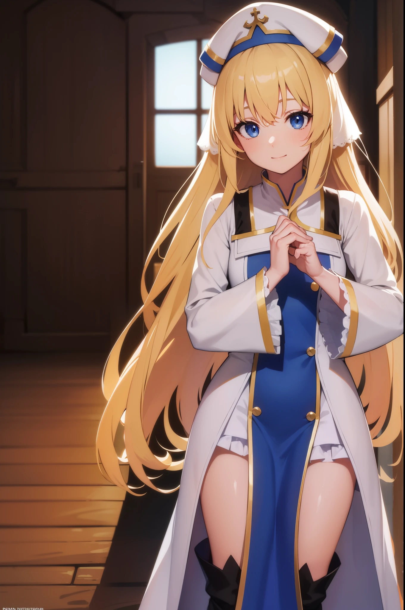 priestess, priestess, blonde hair, blue eyes, long hair, hair between eyes, (small breast:1.0), smile, BREAK boots, dress, frilled sleeves, frills, hat, white headwear, pelvic curtain, high heels, robe, thigh boots, thighhighs, white thighhighs, long sleeves, puffy sleeves, BREAK looking at viewer, BREAK indoors, church, BREAK (masterpiece:1.0), best quality, high resolution, unity 8k wallpaper, (illustration:0.8), (beautiful detailed eyes:1.0), extremely detailed face, perfect lighting, extremely detailed CG, (perfect hands, perfect anatomy),