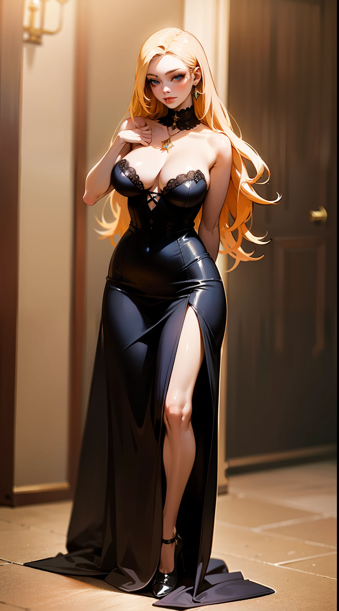 high quality fingers, normal hands, detailed fingers, masterpiece, (realistic, photo-realistic:1.37), (full body:1.5), High-end editorial-style photoshoot highlighting the beauty of a woman with blonde hair and bright blue eyes, dressed in a chic red and black corset, thin waist, seductive smile, large tits, perfect body, perfect face, (full body:1.5), set within the refined atmosphere of a Victorian ballroom. Stylish, elaborate jewelry made with expensive gems.