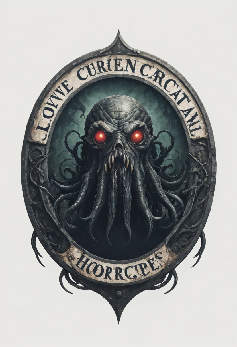 Lovecraftian horror logo design,t shirt design,beefy style,design only,white background,no model,professional,high contrast,high-res,ultra-detailed,vivid colors,metallic accents,sharp focus,edgy,dynamic composition,gritty texture,rough brush strokes,mechanical elements,chrome effect,classic typography,retro style,distressed look,aggressive lines and curves,3D rendering,striking visual impact,dark shadows,strong branding presence,monochromatic palette,industrial aesthetic