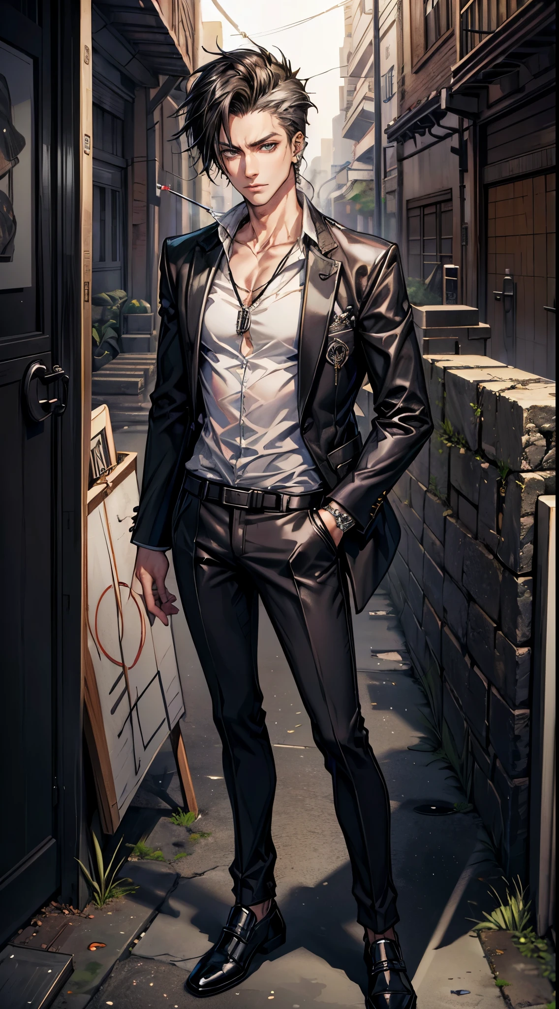 (masterpiece, best quality, highres, ultra-detailed), 1man, male focus, spiky black hair, grey eyes, handsome, detailed eyes and face, male body, earrings, ear piercing,  unbuttoned black blazer, white shirt, trousers, bare collarbones, chain necklace, city slums background, by amano akira, cigarette, cigarette smoke, smoking, full body