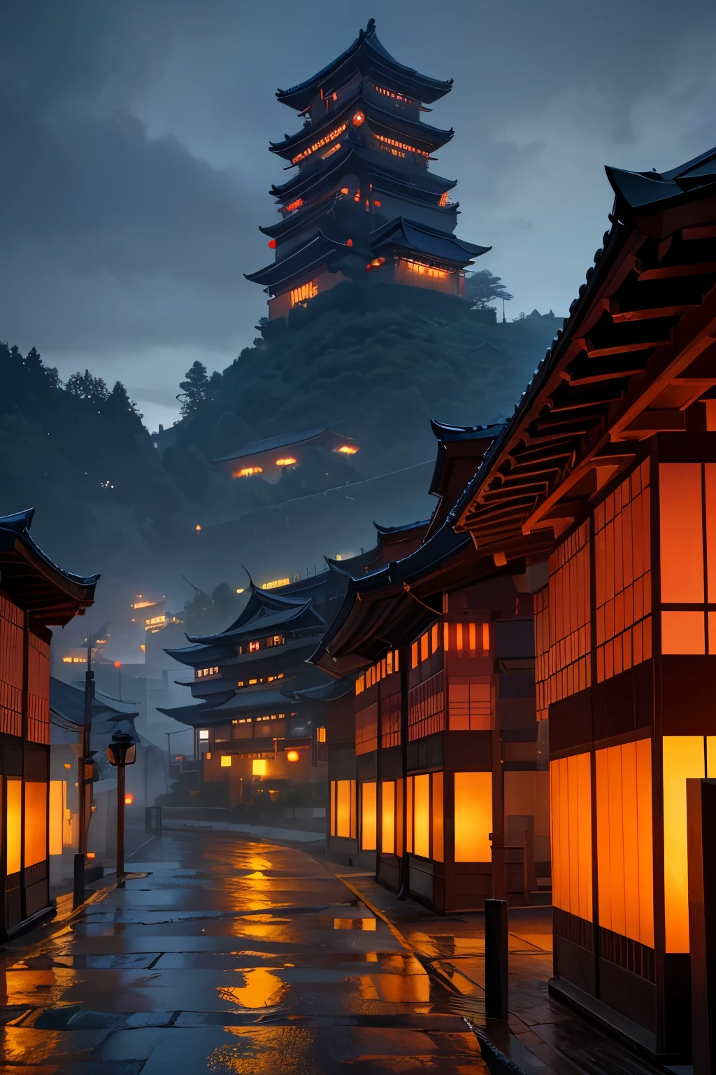 Ararfed view of a village with a lot of lights on the buildings, Cidade chinesa sonhadora, Vila Chinesa, paper awesome wallpaper, Cidade japonesa, Vila Japonesa, foto hiper realista de uma cidade, old asian village, Cidade japonesa, Directed by: Raymond Han, noite chuvosa, Cyberpunk Chinese Ancient Castle, beautifully lit buildings, at evening during rain, Beautiful and Aesthetic, fotografia, cinemactic, 8k, alto detalhamento ((chuva forte)))