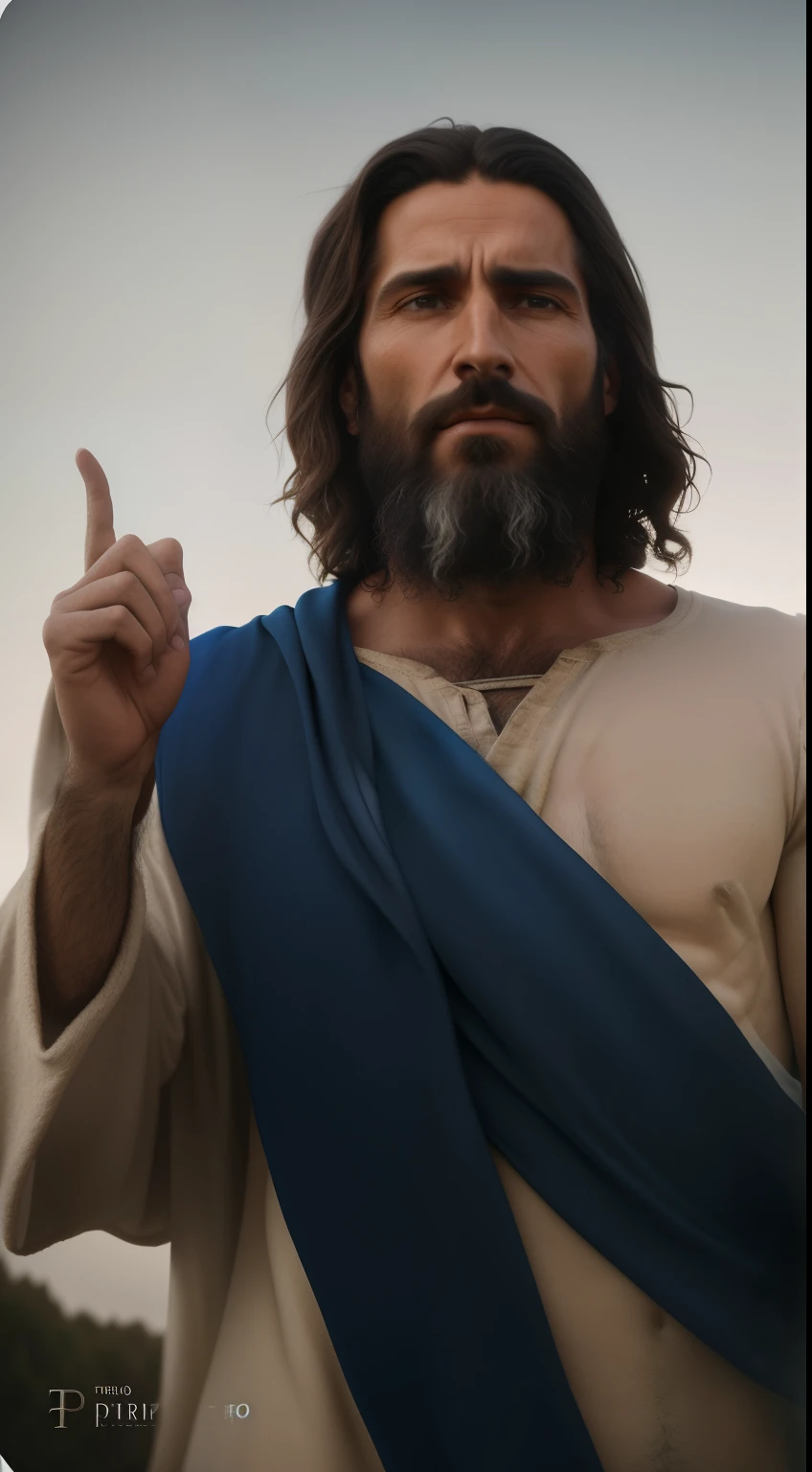 realistic photo of a man with a beard and blue scarf, 4k, Apontando to heaven, Jesus christ smoking a blunt, Dedo de Deus, Jesus christ, Jesus, with Apontando finger, epic biblical representation, segurando seu tridente, on his right hand, Jesus of nazareth, portrait of Jesus christ, dressed like Jesus christ