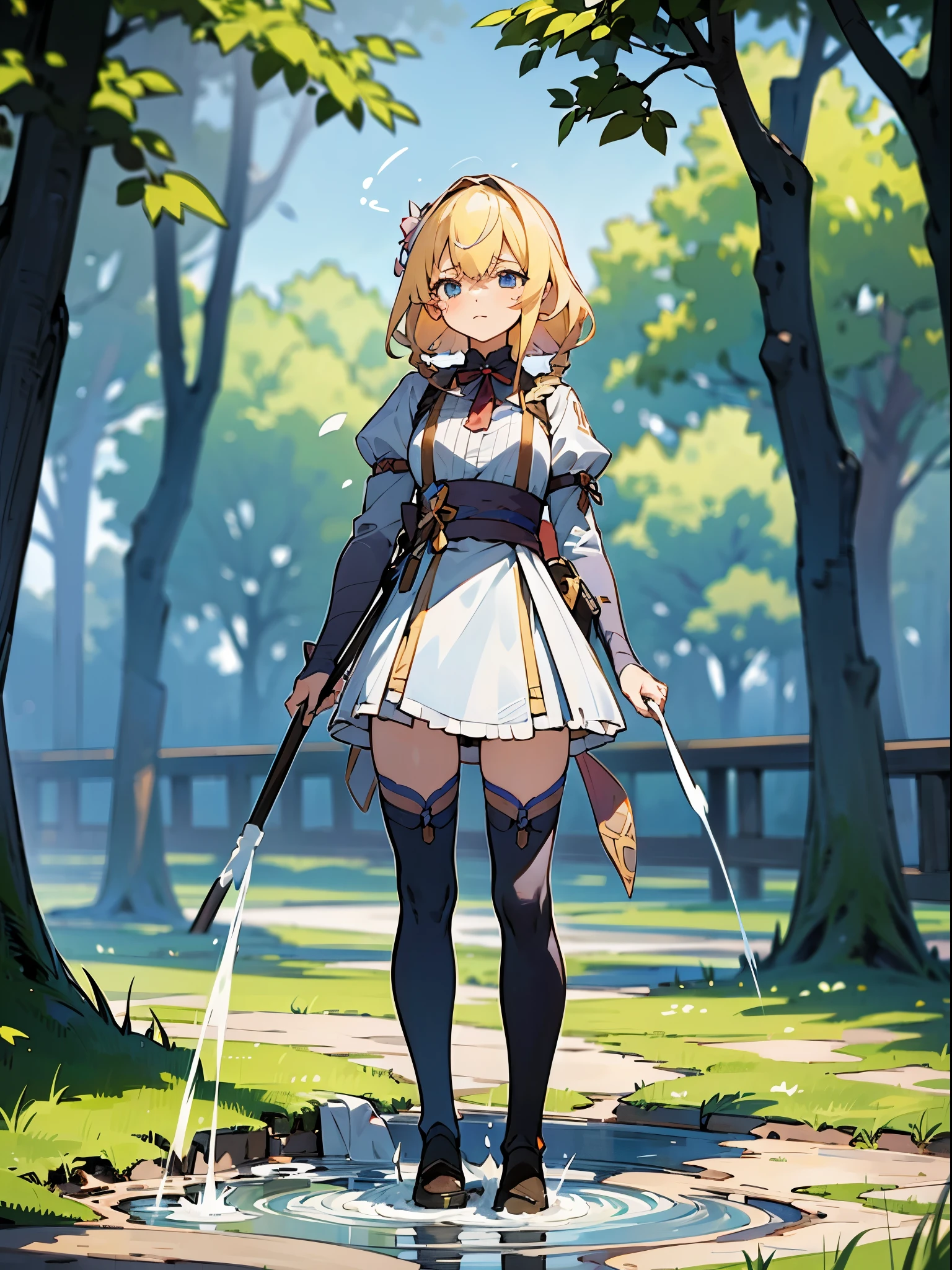 anime styled, The ultra -The high-definition, alice in the wonderland, super cute bronze hair girl, ((a blond:1.4)), ((Long:1.4)), shame, He&#39;s looking at me with a shy expression on his face., Light blue fluttering short dress, frilldの付いた白いエプロンスカートを重ねる, frilld, A large white ribbon is tied in the back around the waist of the dress. , B-cup breasts, Light blue fluttering mini skirt, 両足ともハイソックスは爪先から太ももの半ばあたりまである長い白色のknee high, ((knee high:1.4)), and draw the full body, In the forest where bright sunlight shines through, Clothes disheveled and chest exposed, teatsが見えている, ((teats:1.4)), Her skirt is in disarray and her crotch is visible., 股のFemale genitalsが見えている, ((Female genitals:1.4)), Pee, お漏らししてPeeが股から吹き出している, Lying on the ground, lying on one's side, open one's legs, standing with legs bent at the knees, Excreted urine forms a parabola and wets the ground., ((pissing:1.5)), I&#39;m holding out my hand as if to invite you here, The girl is looking at this, Please draw from a low angle on the front side.