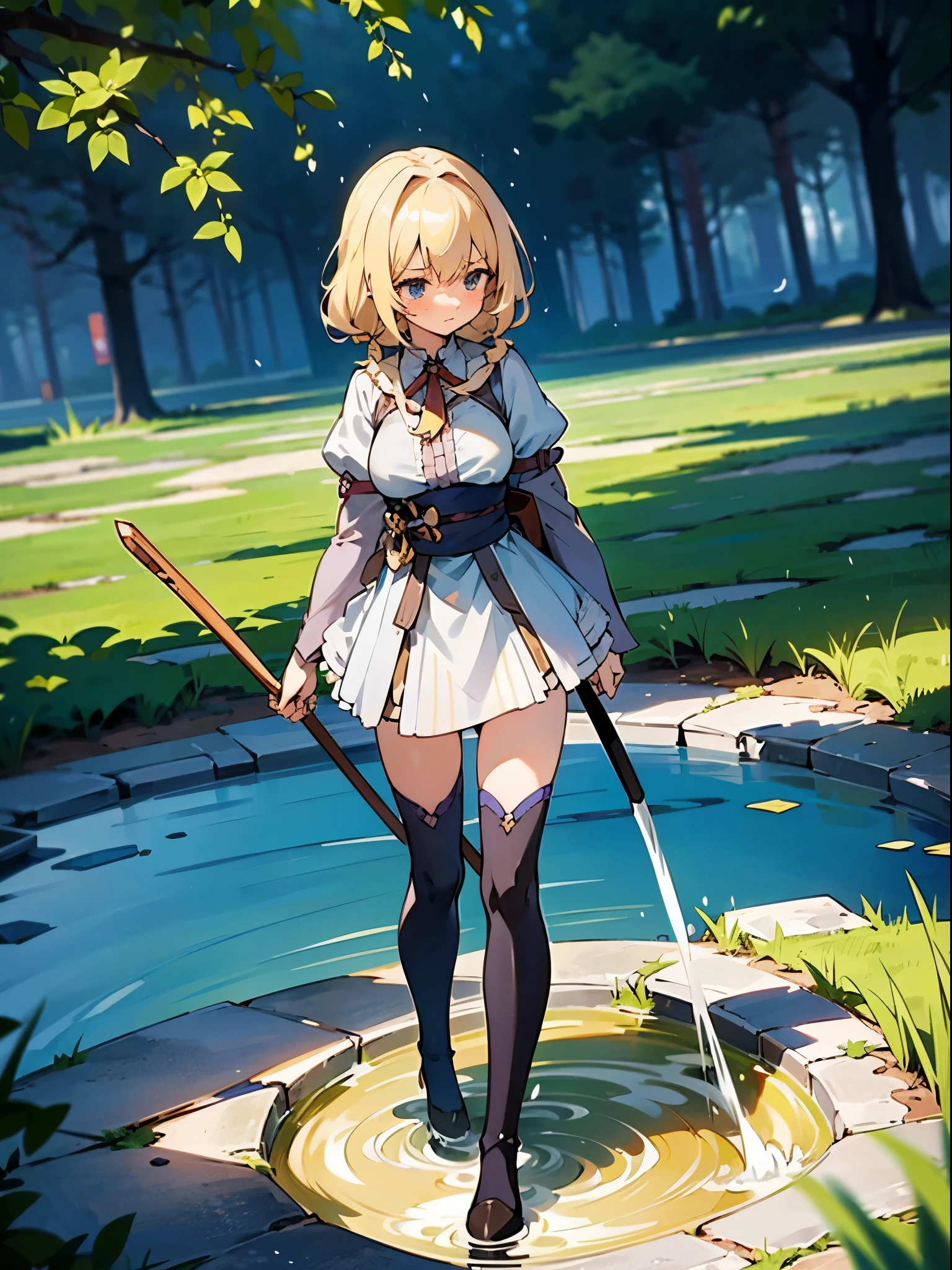 anime styled, The ultra -The high-definition, alice in the wonderland, super cute bronze hair girl, ((a blond:1.4)), ((Long:1.4)), shame, He&#39;s looking at me with a shy expression on his face., Light blue fluttering short dress, frilldの付いた白いエプロンスカートを重ねる, frilld, A large white ribbon is tied in the back around the waist of the dress. , B-cup breasts, Light blue fluttering mini skirt, 両足ともハイソックスは爪先から太ももの半ばあたりまである長い白色のknee high, ((knee high:1.4)), and draw the full body, In the forest where bright sunlight shines through, Clothes disheveled and chest exposed, teatsが見えている, ((teats:1.4)), Her skirt is in disarray and her crotch is visible., 股のFemale genitalsが見えている, ((Female genitals:1.4)), Pee, お漏らししてPeeが股から吹き出している, Lying on the ground, lying on one's side, open one's legs, standing with legs bent at the knees, Excreted urine forms a parabola and wets the ground., ((pissing:1.5)), I&#39;m holding out my hand as if to invite you here, The girl is looking at this, Please draw from a low angle on the front side.