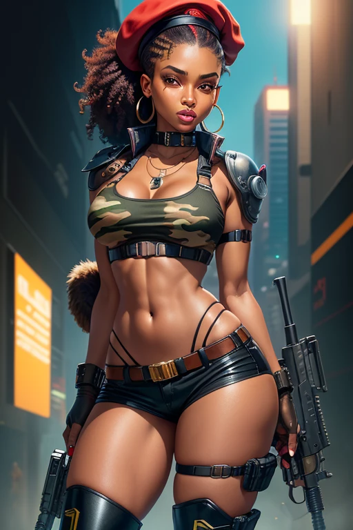 Cartoon-style digital art, beautiful black woman, face like model esyonce, bonbon dark brown skin, slanted Asian eyes, curly hair tied back, ponytail hairstyle, wearing red police beret, red military beret, wearing earrings large hoops, necklace with military ID hanging around neck, full breasts, short red shirt (showing stomach and navel), slim waist, multi-compartment tactical belt, short shorts with camouflage print, thick thighs and calves, pistol holster attached to thigh, big butt, wearing leather gloves, long-legged tactical boots with high heels, wielding technological weapon of war, clothing cut in cyberpunk style, cyberpunk conceptart style setting, technological environment, sci-fi.