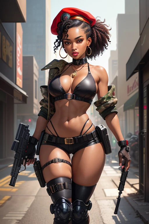 Cartoon-style digital art, beautiful black woman, face like model esyonce, bonbon dark brown skin, slanted Asian eyes, curly hair tied back, ponytail hairstyle, wearing red police beret, red military beret, wearing earrings large hoops, necklace with military ID hanging around neck, full breasts, short red shirt (showing stomach and navel), slim waist, multi-compartment tactical belt, short shorts with camouflage print, thick thighs and calves, pistol holster attached to thigh, big butt, wearing leather gloves, long-legged tactical boots with high heels, wielding technological weapon of war, clothing cut in cyberpunk style, cyberpunk conceptart style setting, technological environment, sci-fi.