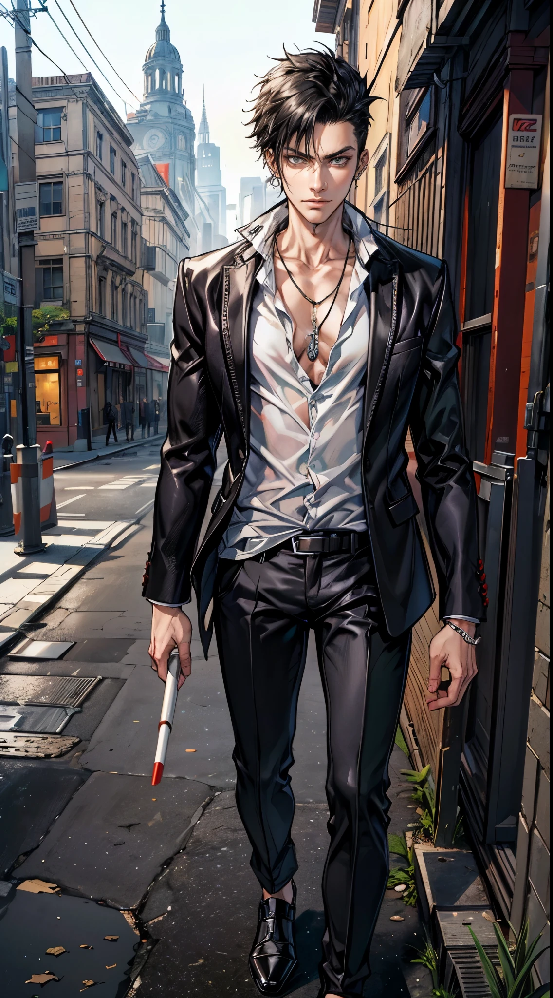 (masterpiece, best quality, highres, ultra-detailed), 1man, male focus, spiky black hair, grey eyes, handsome, detailed eyes and face, male body, earrings, ear piercing,  unbuttoned black blazer, white shirt, trousers, bare collarbones, chain necklace, city slums background, by amano akira, cigarette, cigarette smoke, smoking, full body