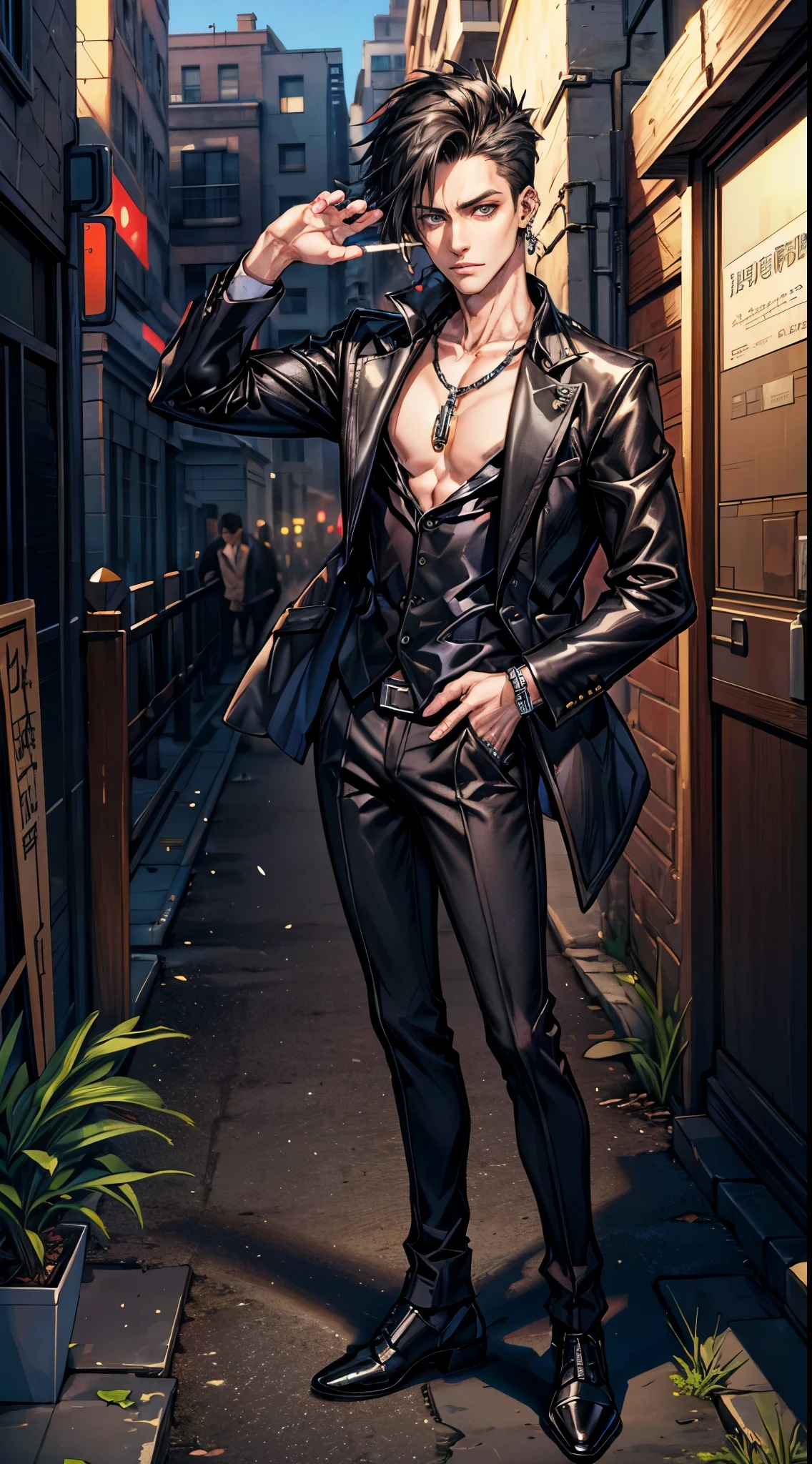 (masterpiece, best quality, highres, ultra-detailed), 1man, male focus, spiky black hair, grey eyes, handsome, detailed eyes and face, male body, earrings, ear piercing,  unbuttoned black blazer, white shirt, trousers, bare collarbones, chain necklace, city slums background, by amano akira, cigarette, cigarette smoke, smoking, full body