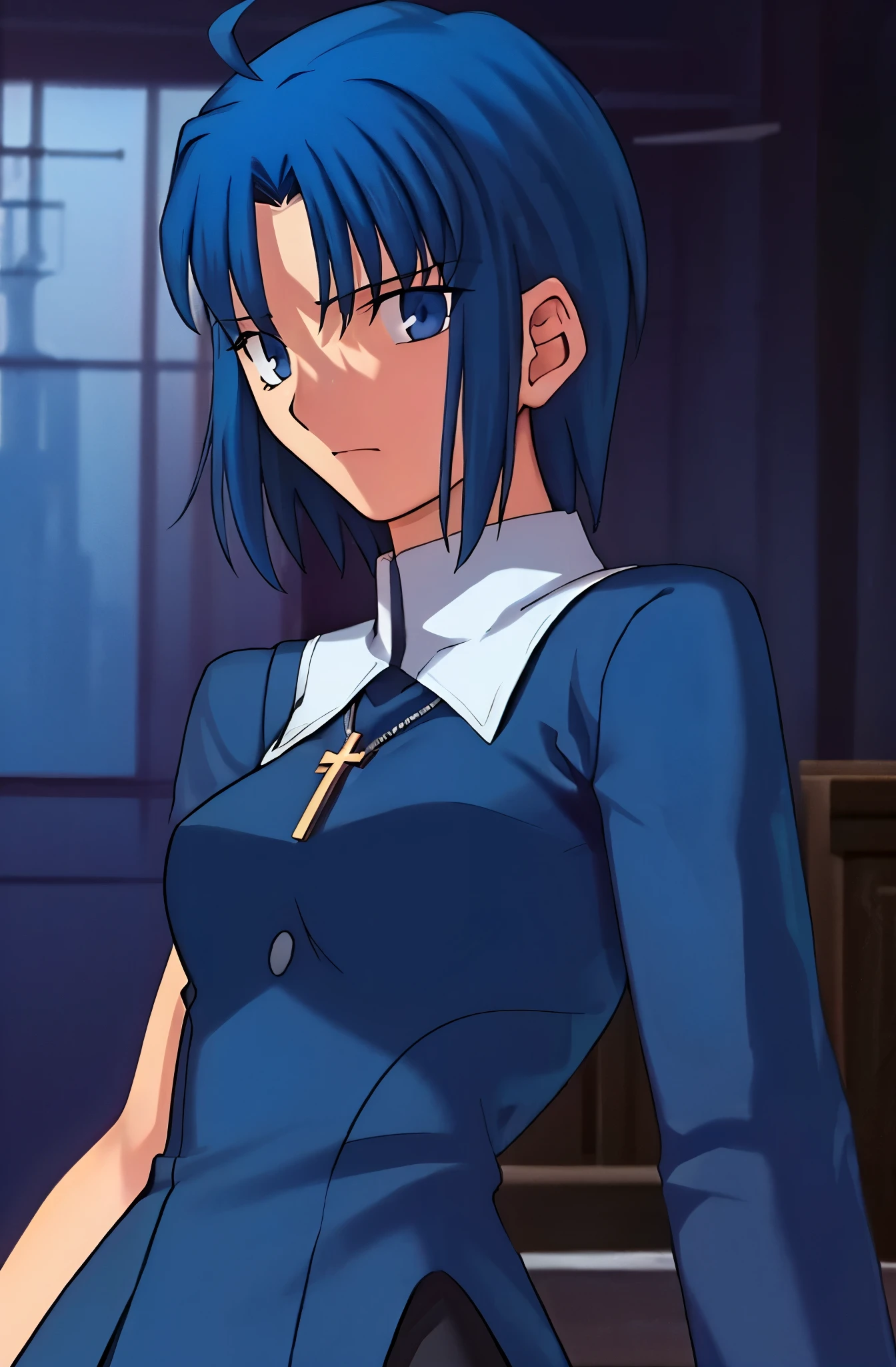 ciel_(tsukihime), Best quality high resolution, cowboy shot, 1girl, solo, long sleeves black dress, habit open, sad, looking at viewer, antenna hair, (ahoge:1), closed mouth, fingernails, breasts, medium breasts, cross, latin cross, cross, holding, necklace, nun,